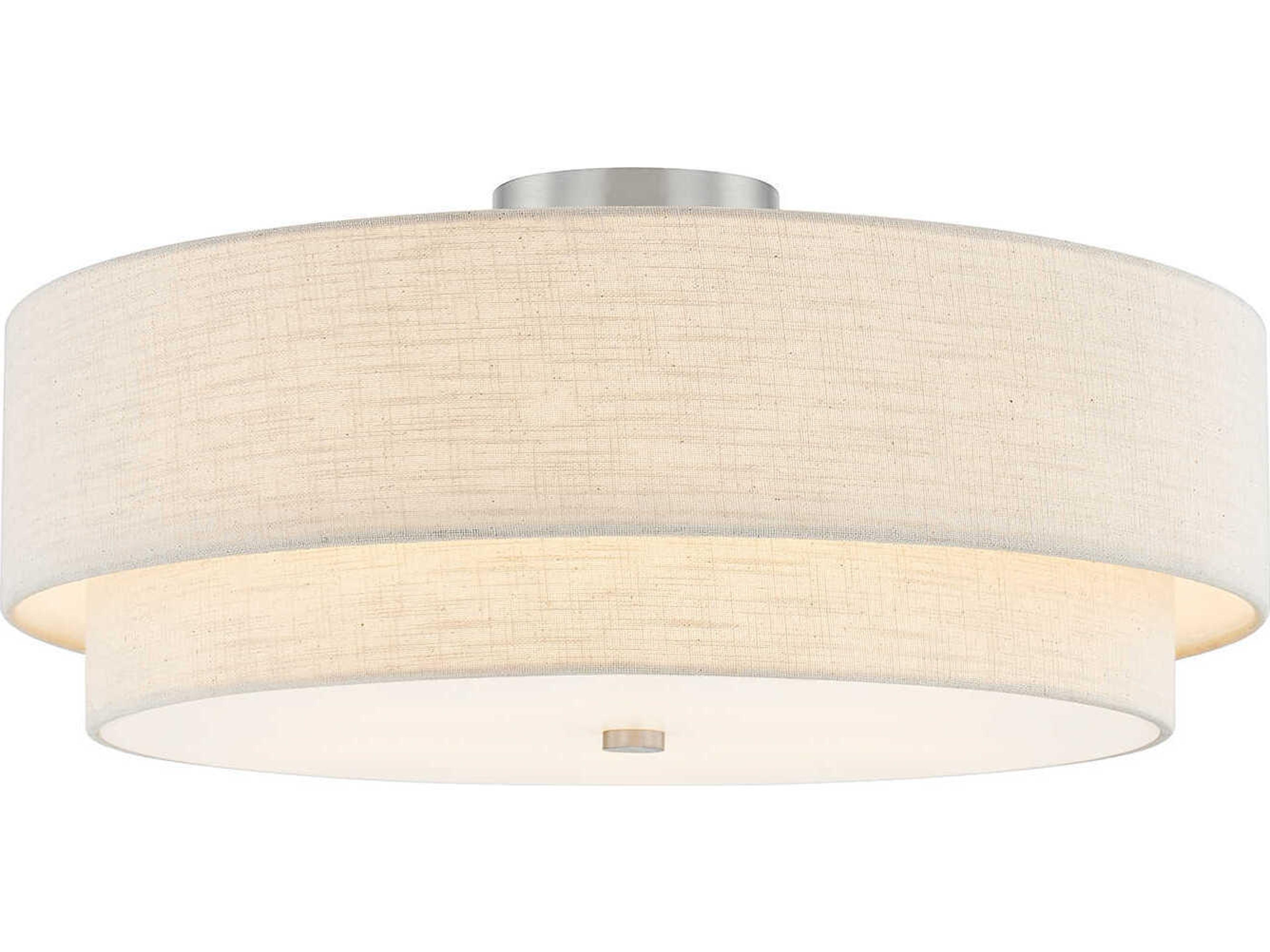 Classic 5-Light Tiered Drum Semi-Flush Mount in Brushed Nickel with Cream Linen Shade