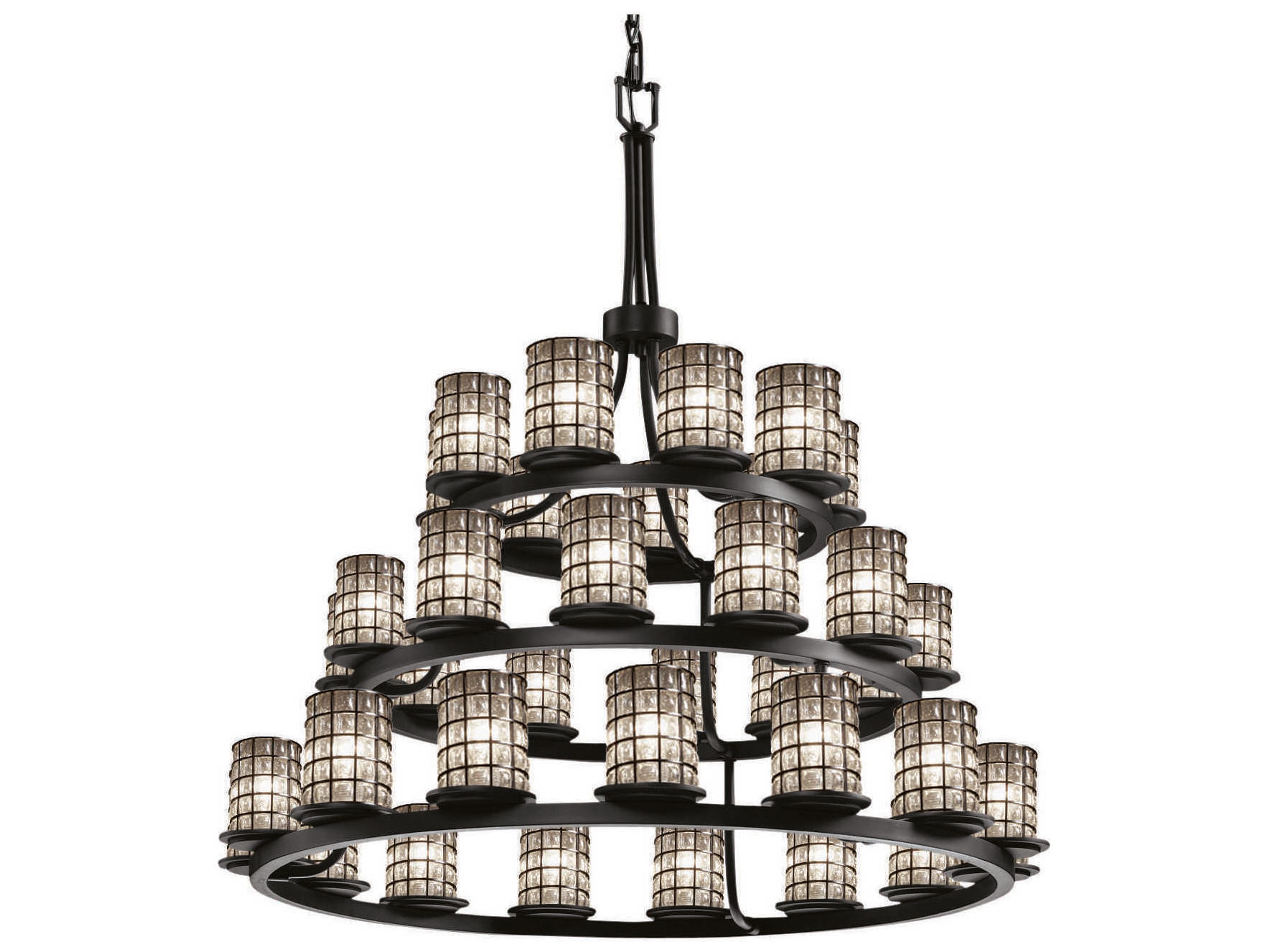 Wire Glass 36-Light Black Cylinder Tiered Chandelier