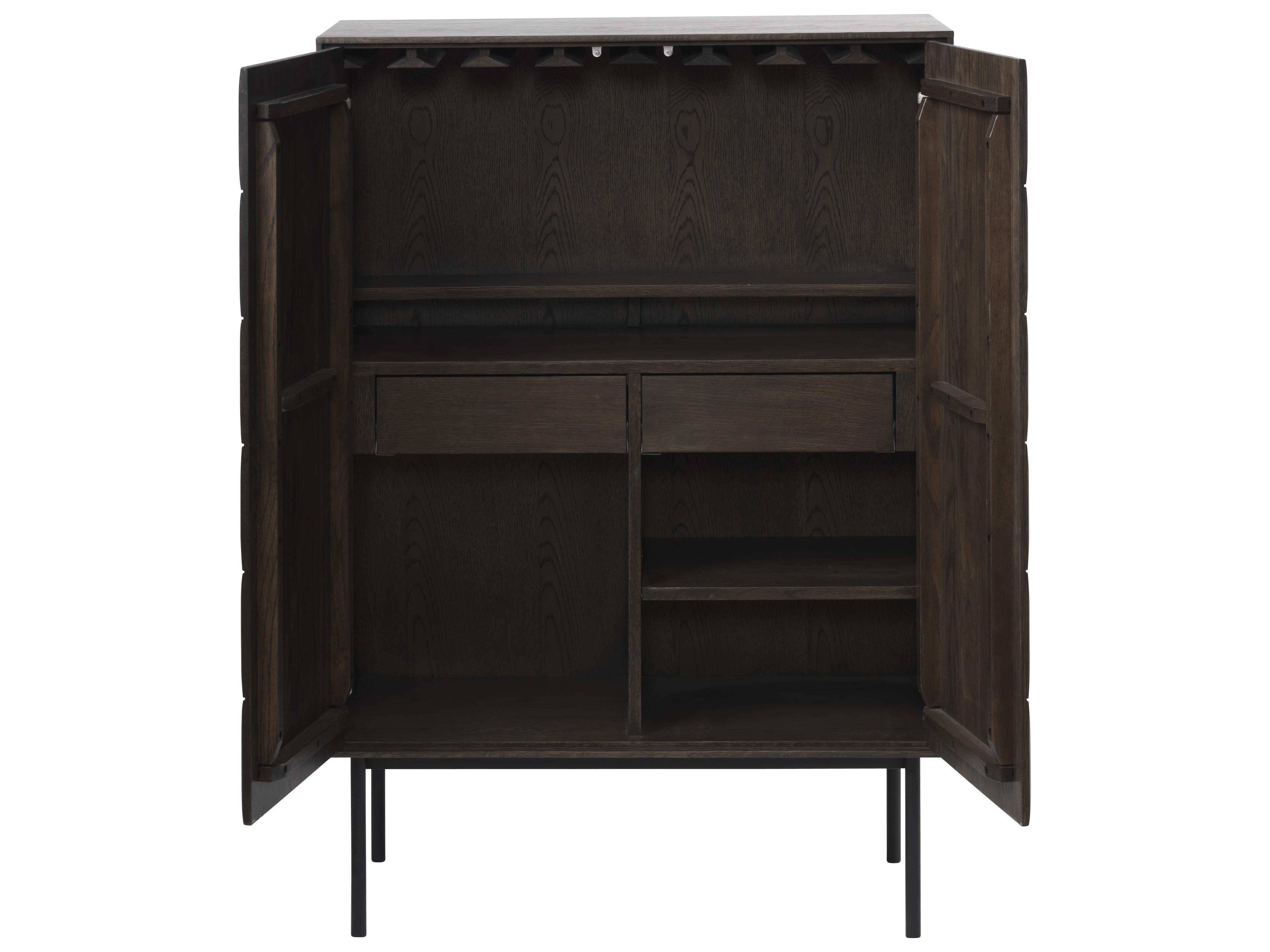 Unique Furniture Latina Brown Oak Wood Black Wine Bar Cabinet