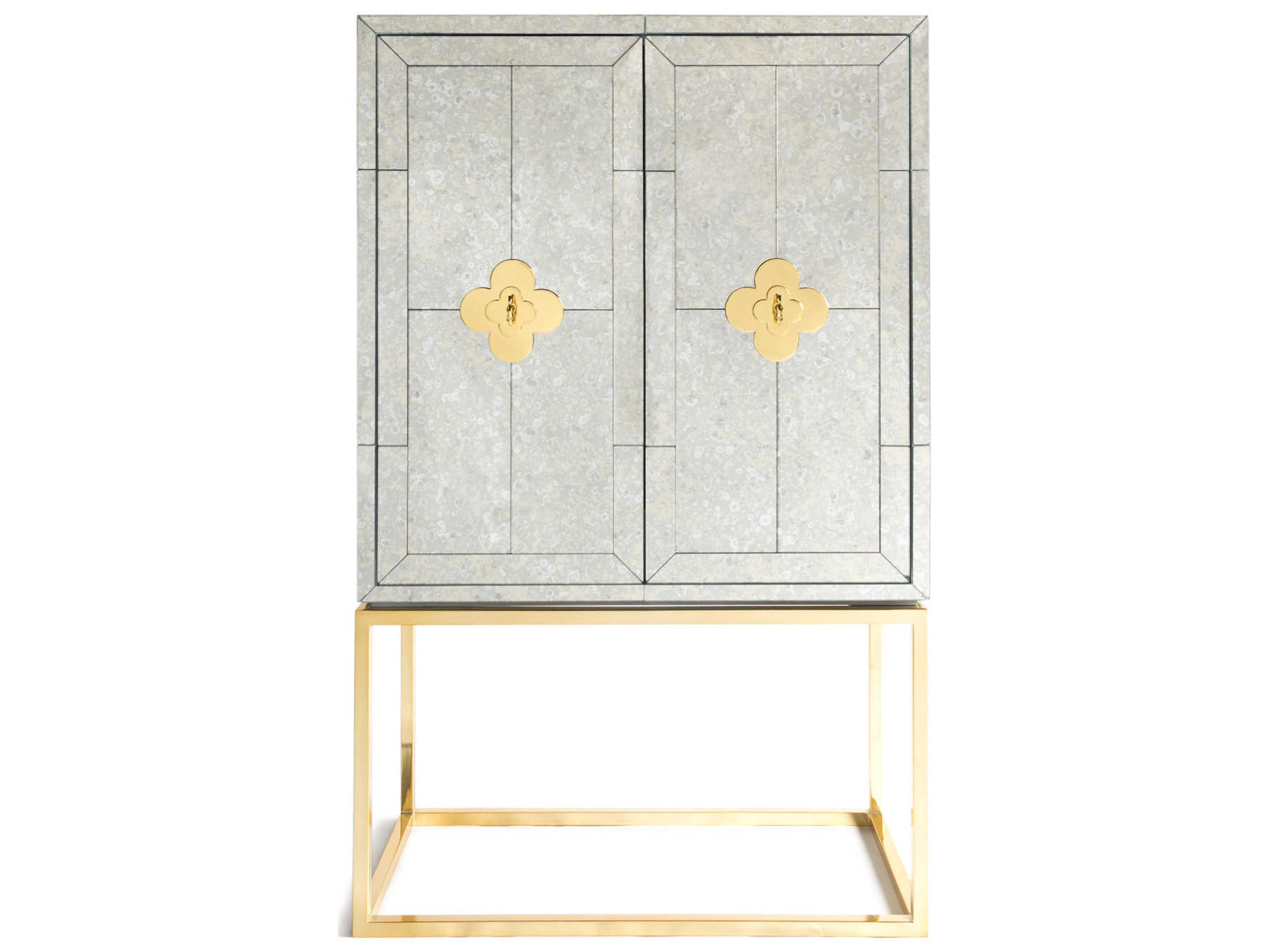 Jonathan Adler Delphine Mirrored Antiqued Mirror Brass Bar Cabinet