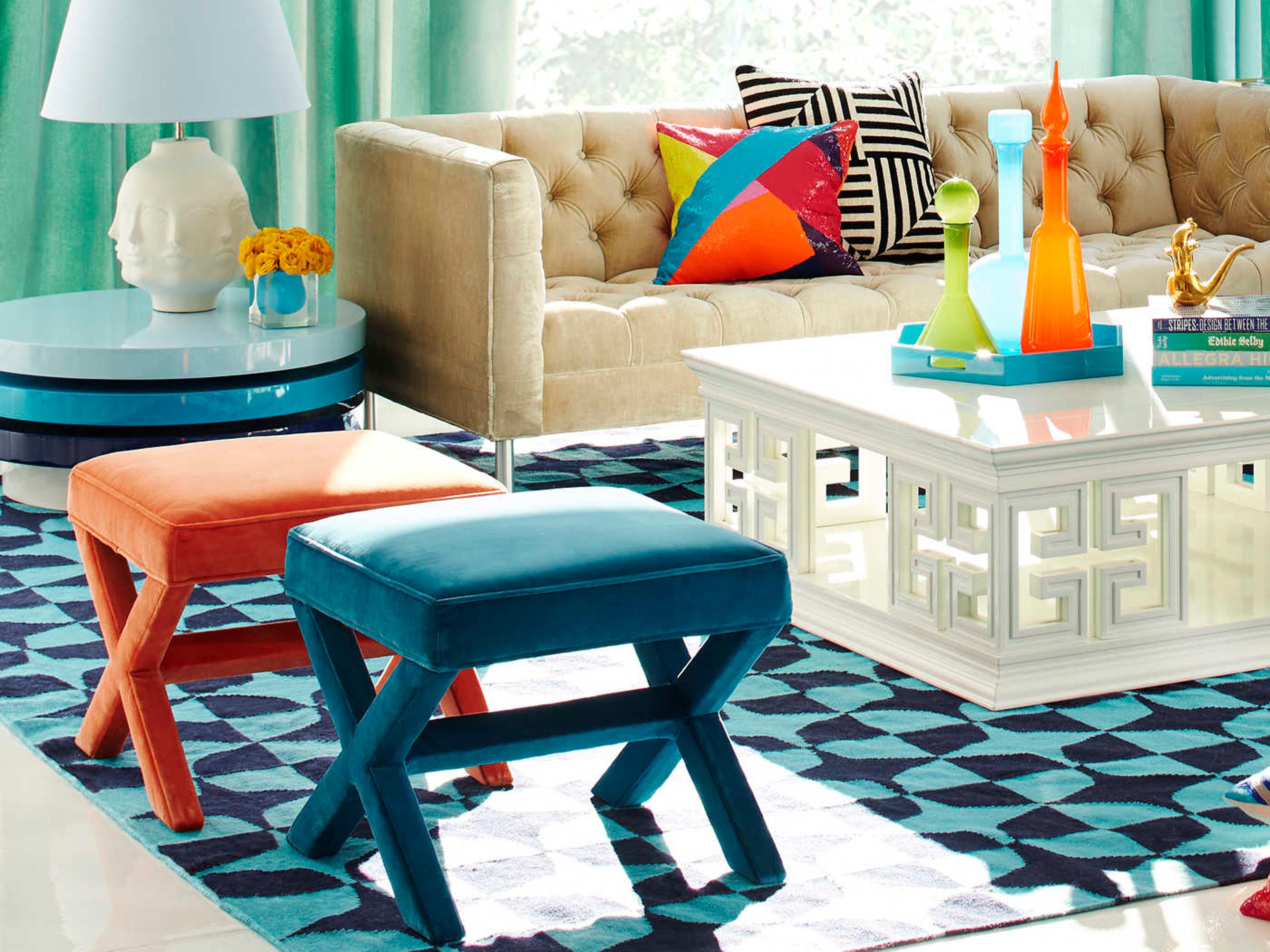 Jonathan Adler X-bench Venice Peacock Blue Velvet Upholstered Accent Bench