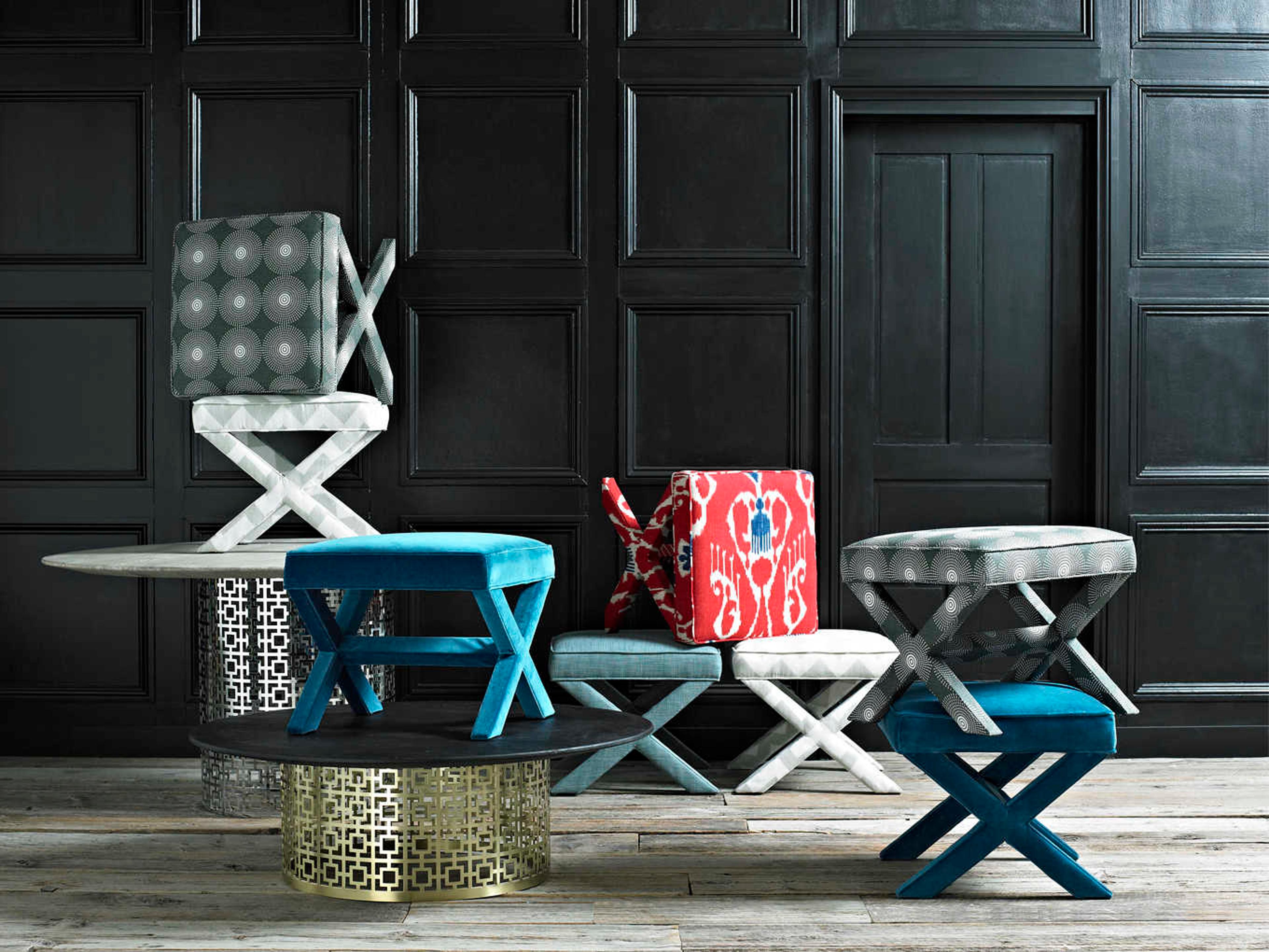 Jonathan Adler X-bench Venice Peacock Blue Velvet Upholstered Accent Bench