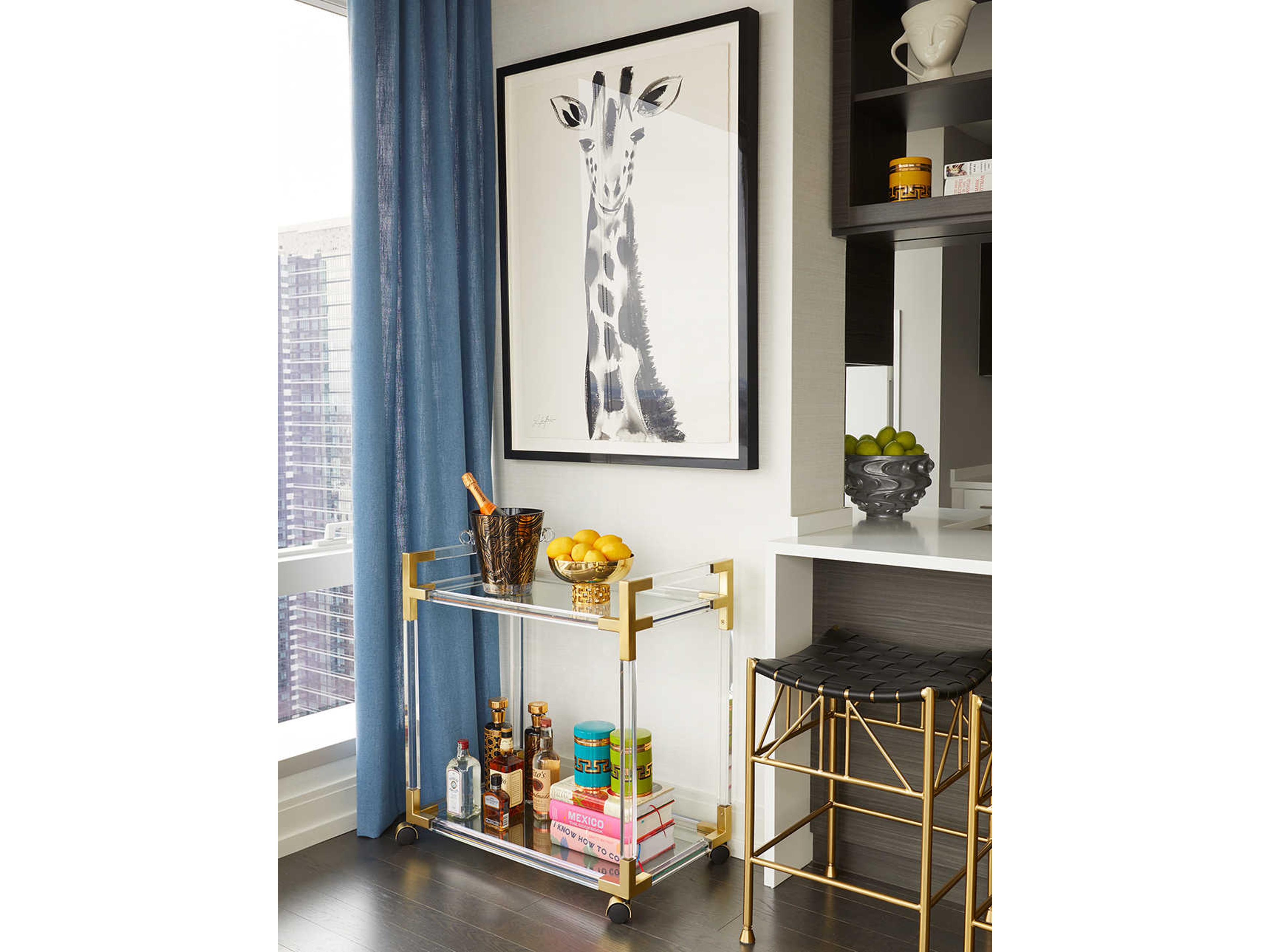 Jonathan Adler Jacques Glass Gold Clear Brass Bar Cart