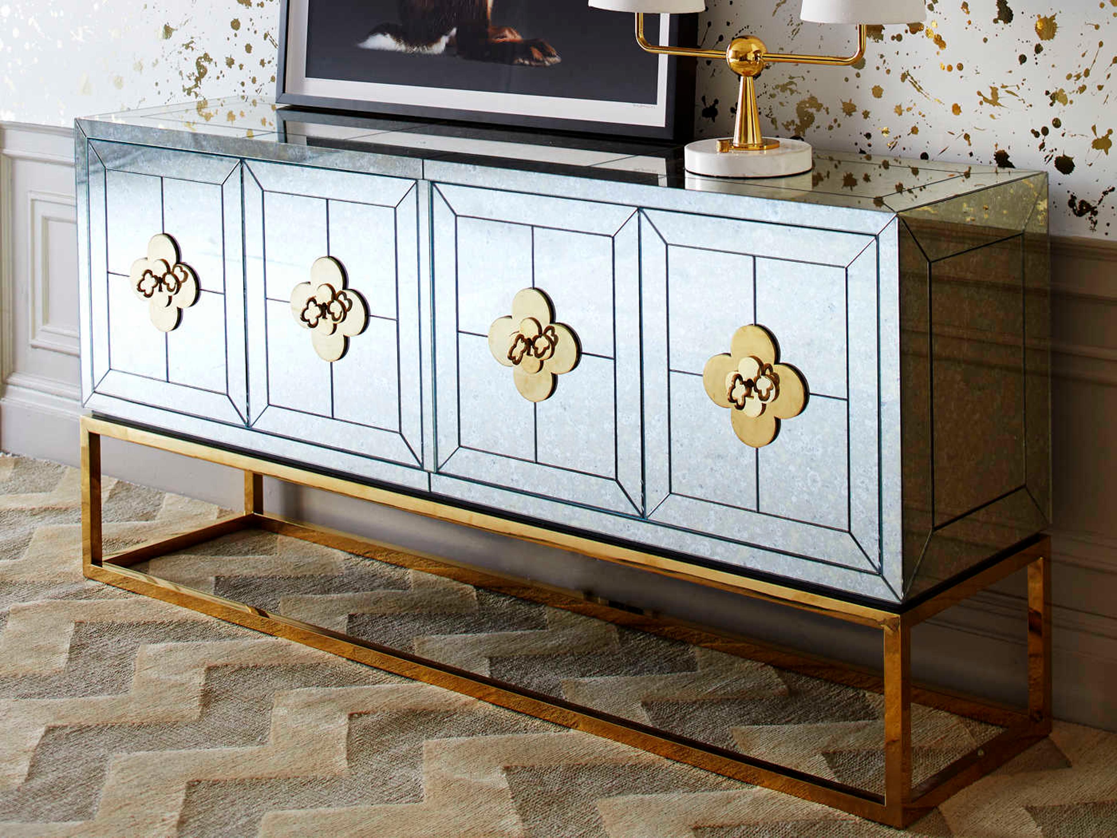 Jonathan Adler Delphine 64" Antiqued Mirror Brass Credenza Sideboard