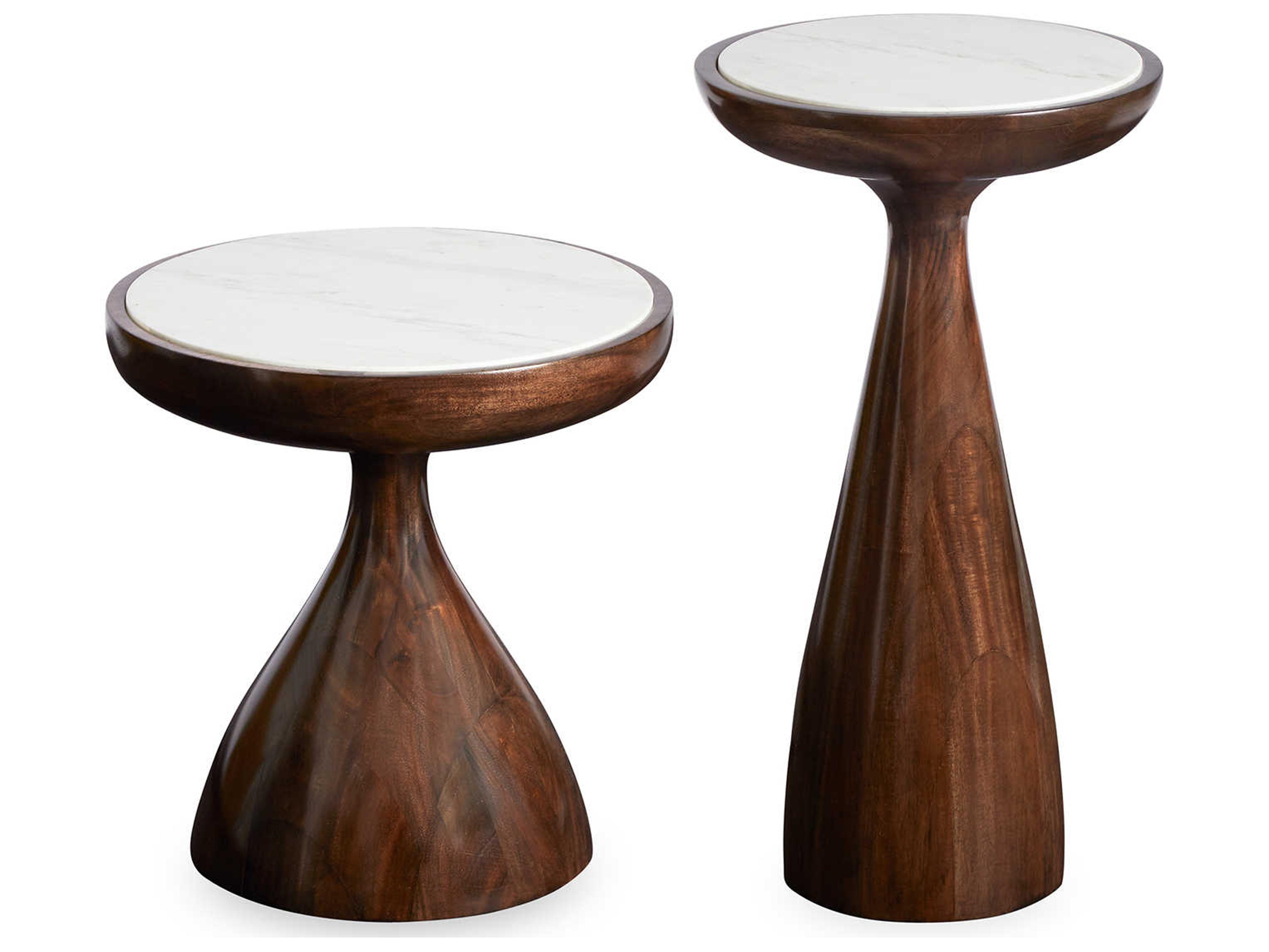 Jonathan Adler Buenos Aires Round White Volakas Marble Mahogany End Table