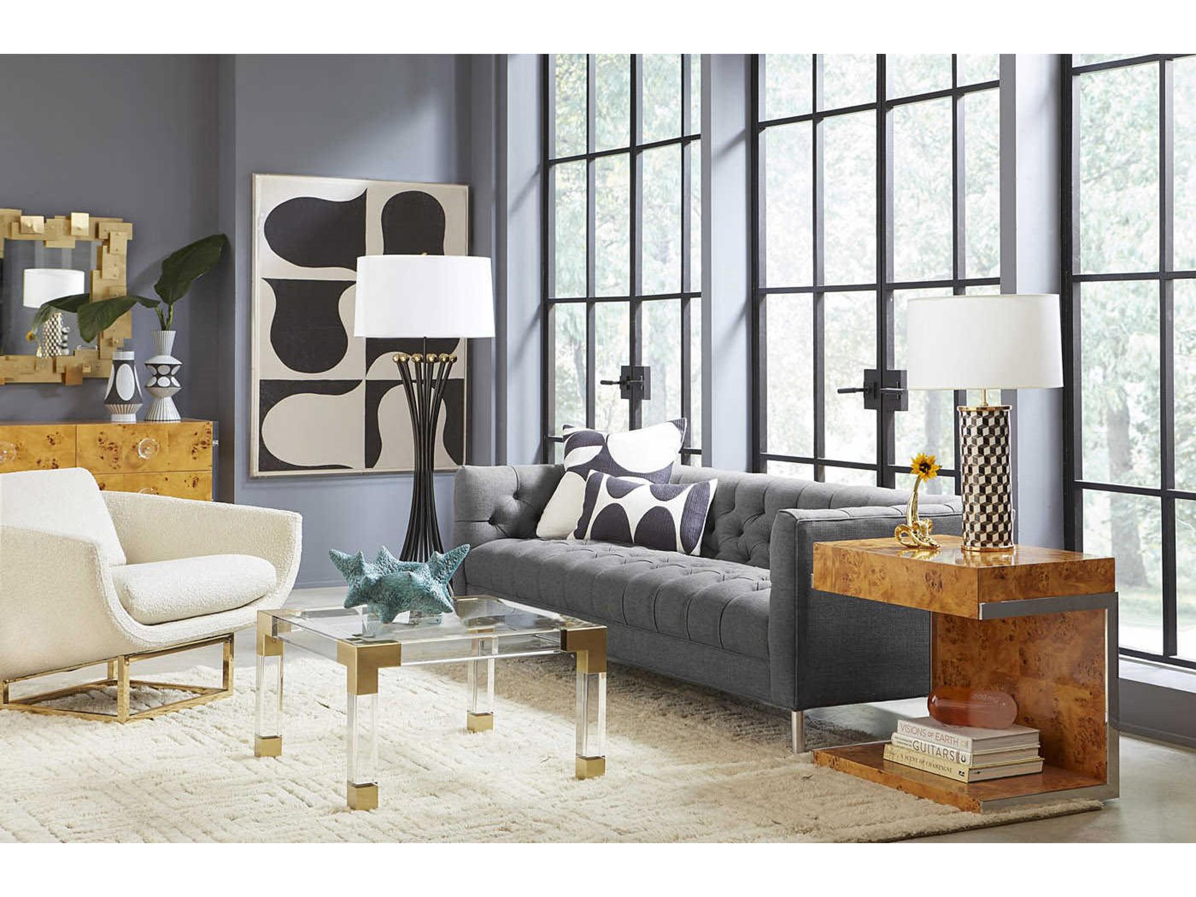 Jonathan Adler Bond Rectangular Wood Burled Mappa Stainless Steel End Table