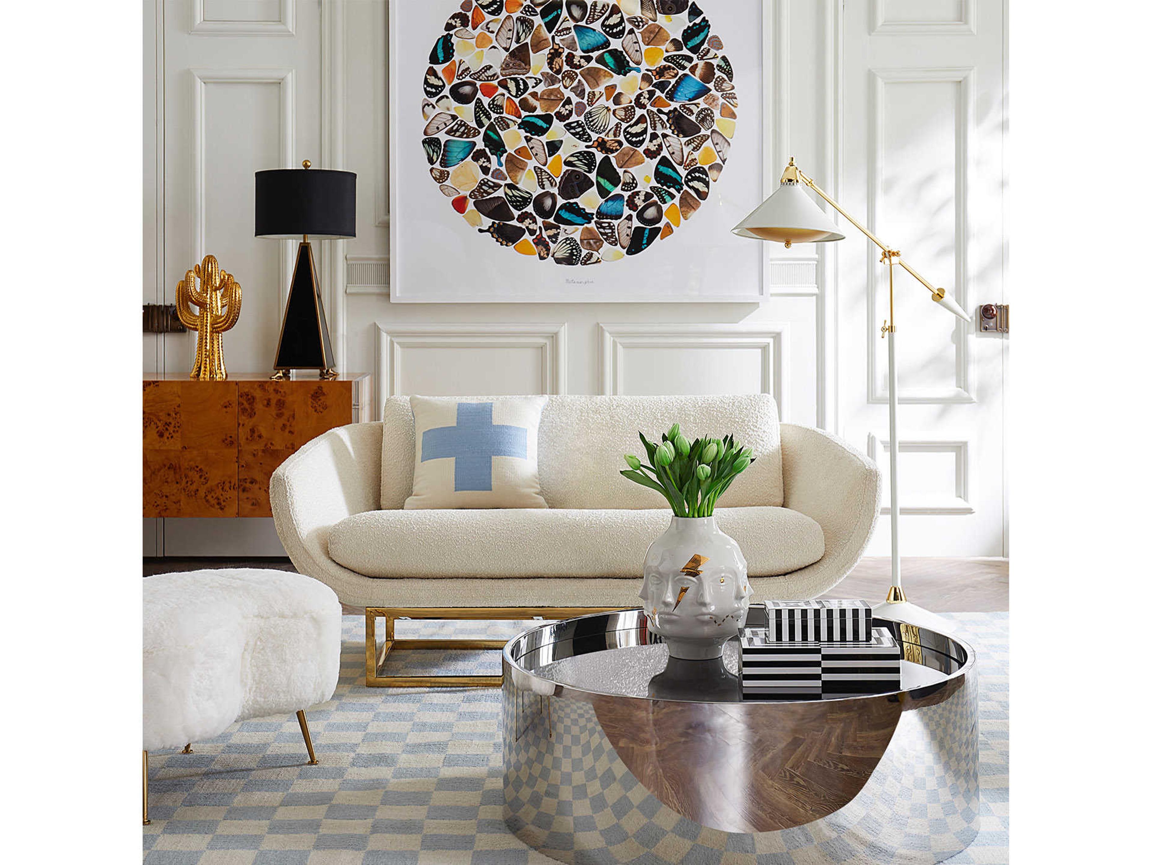 Jonathan Adler Ether White Brass Gold Upholstered Ottoman