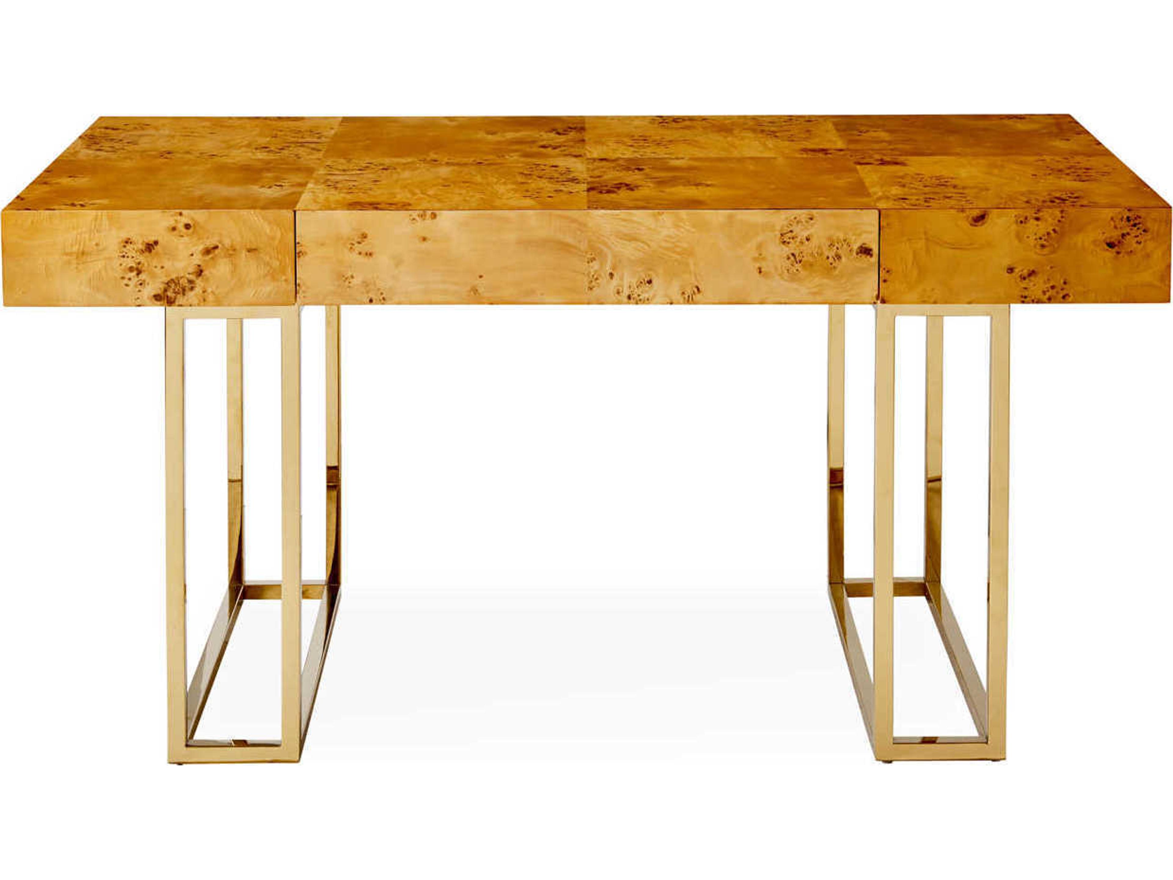 Jonathan Adler Bond Natural Burled Mappa Polished Brass Brown Maple Wood Executive Desk