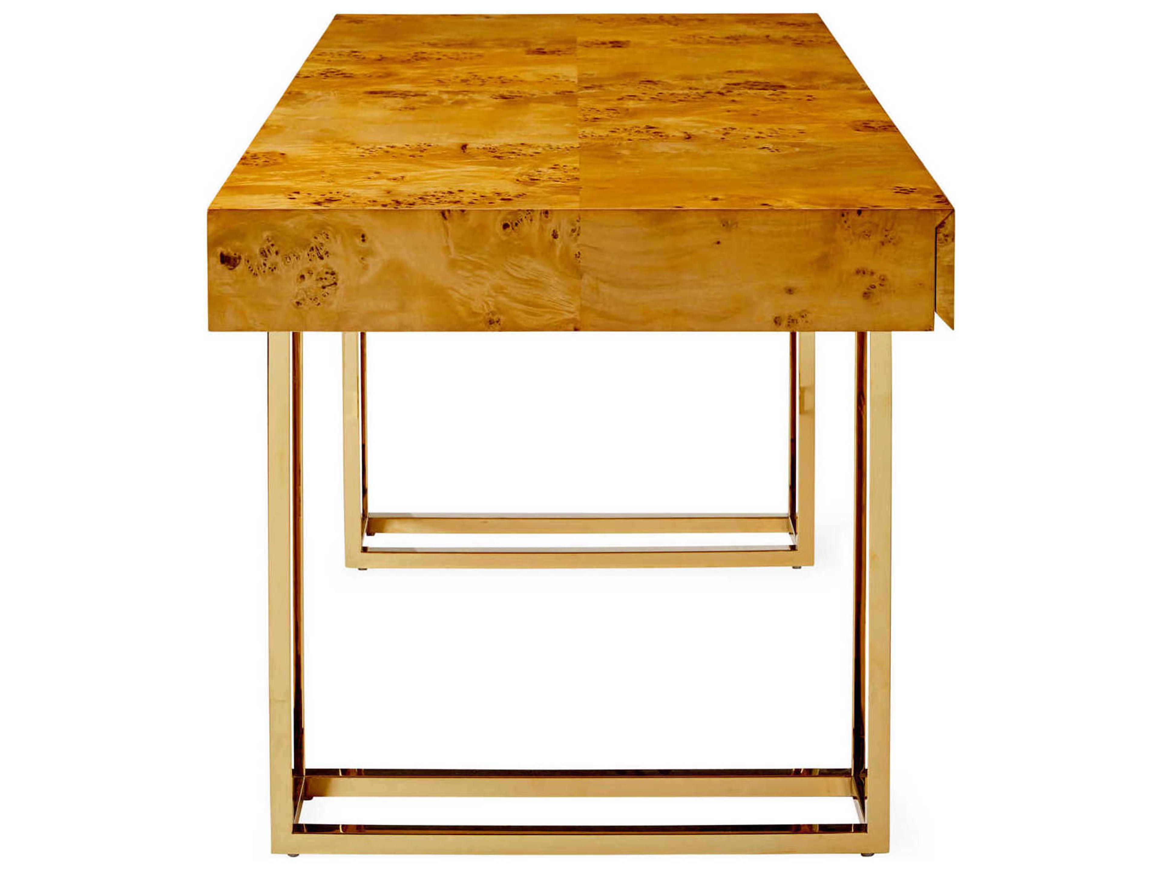 Jonathan Adler Bond Natural Burled Mappa Polished Brass Brown Maple Wood Executive Desk
