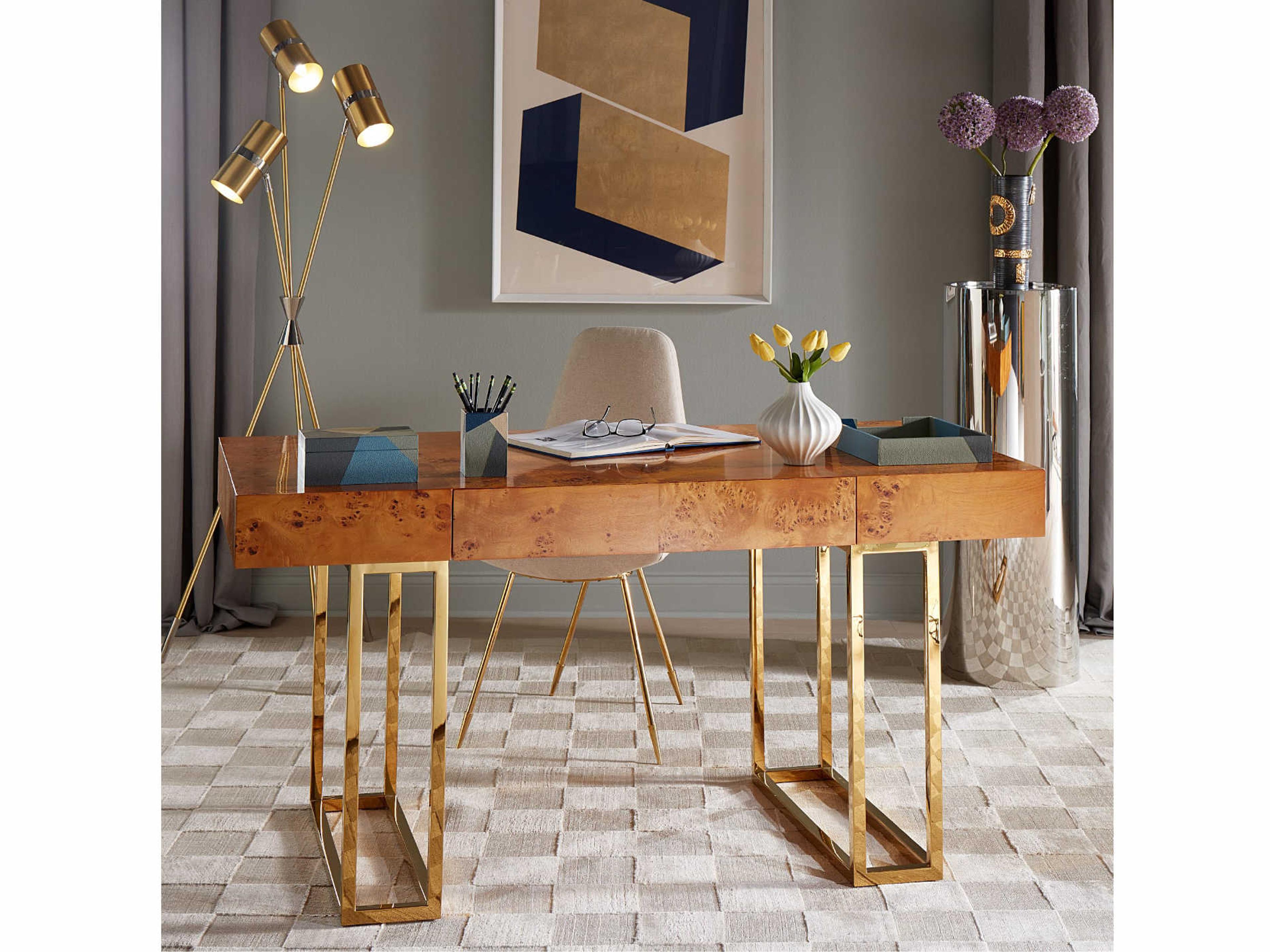 Jonathan Adler Bond Natural Burled Mappa Polished Brass Brown Maple Wood Executive Desk