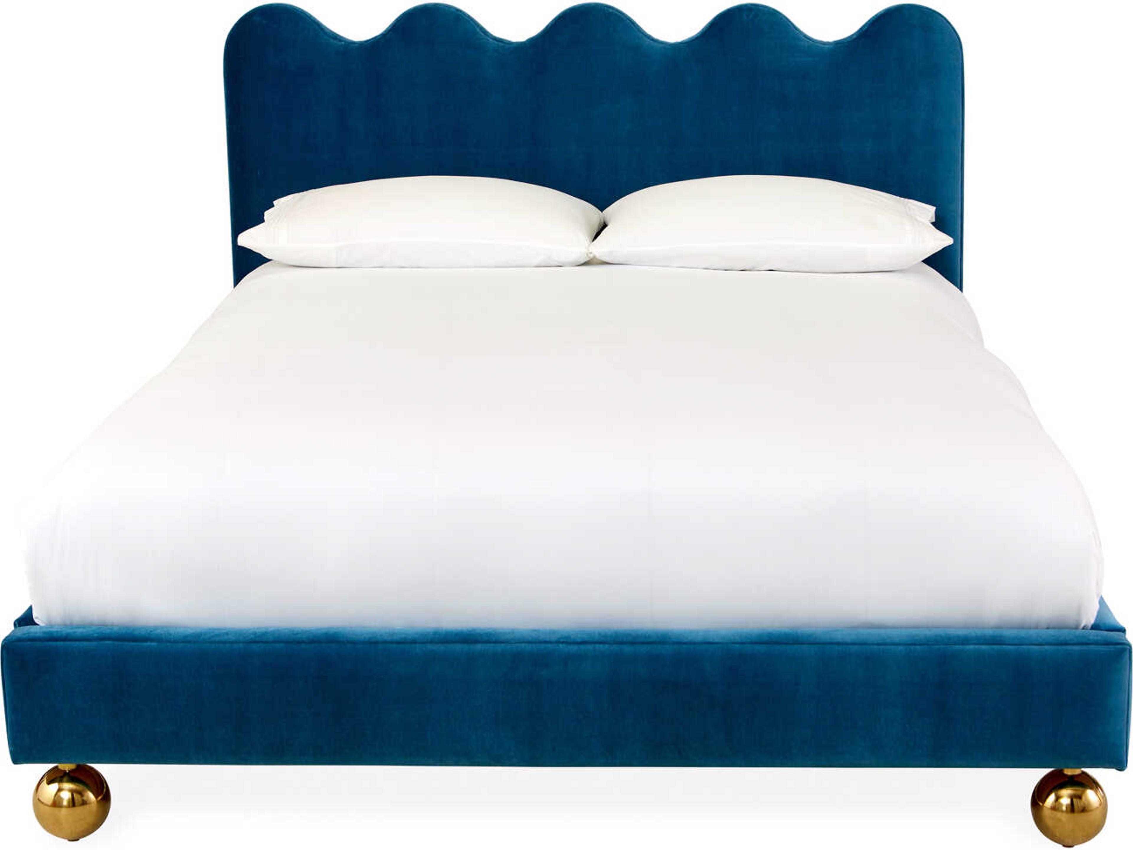 Jonathan Adler Ripple Venice Peacock Polished Brass Blue Upholstered Queen Platform Bed
