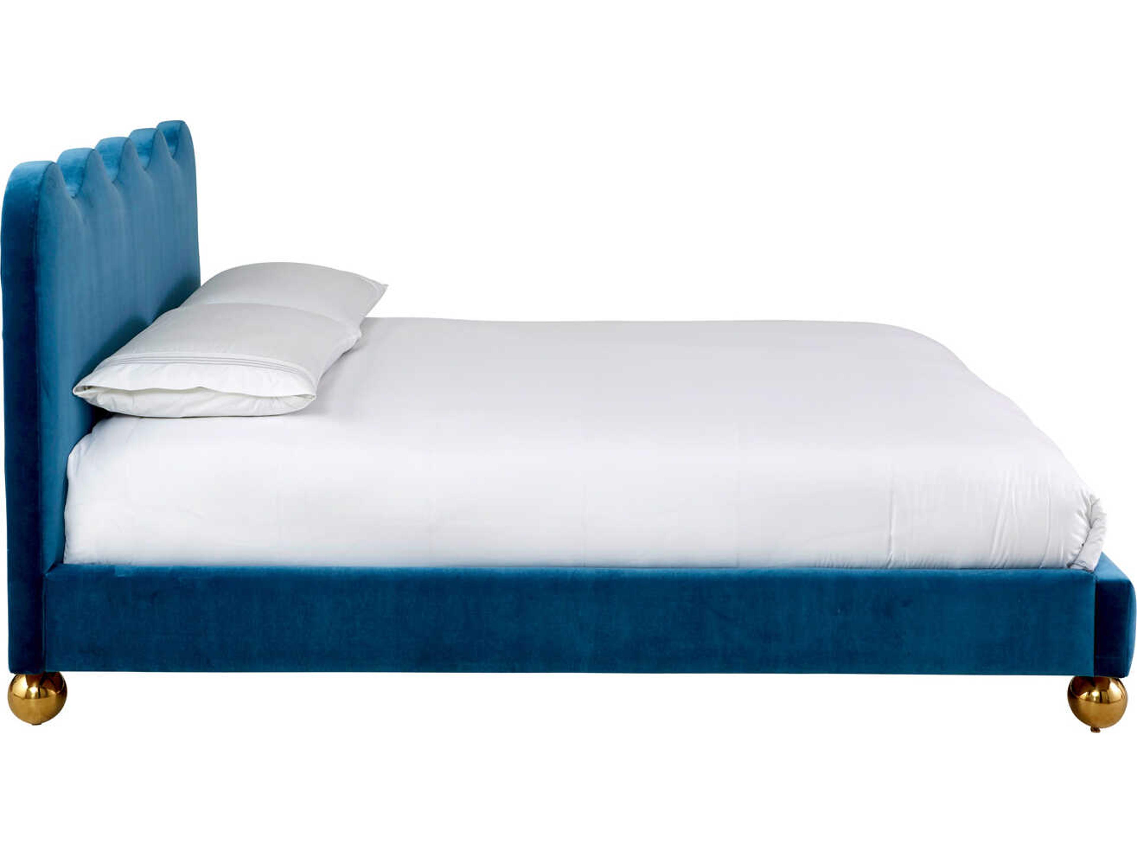 Jonathan Adler Ripple Venice Peacock Polished Brass Blue Upholstered Queen Platform Bed