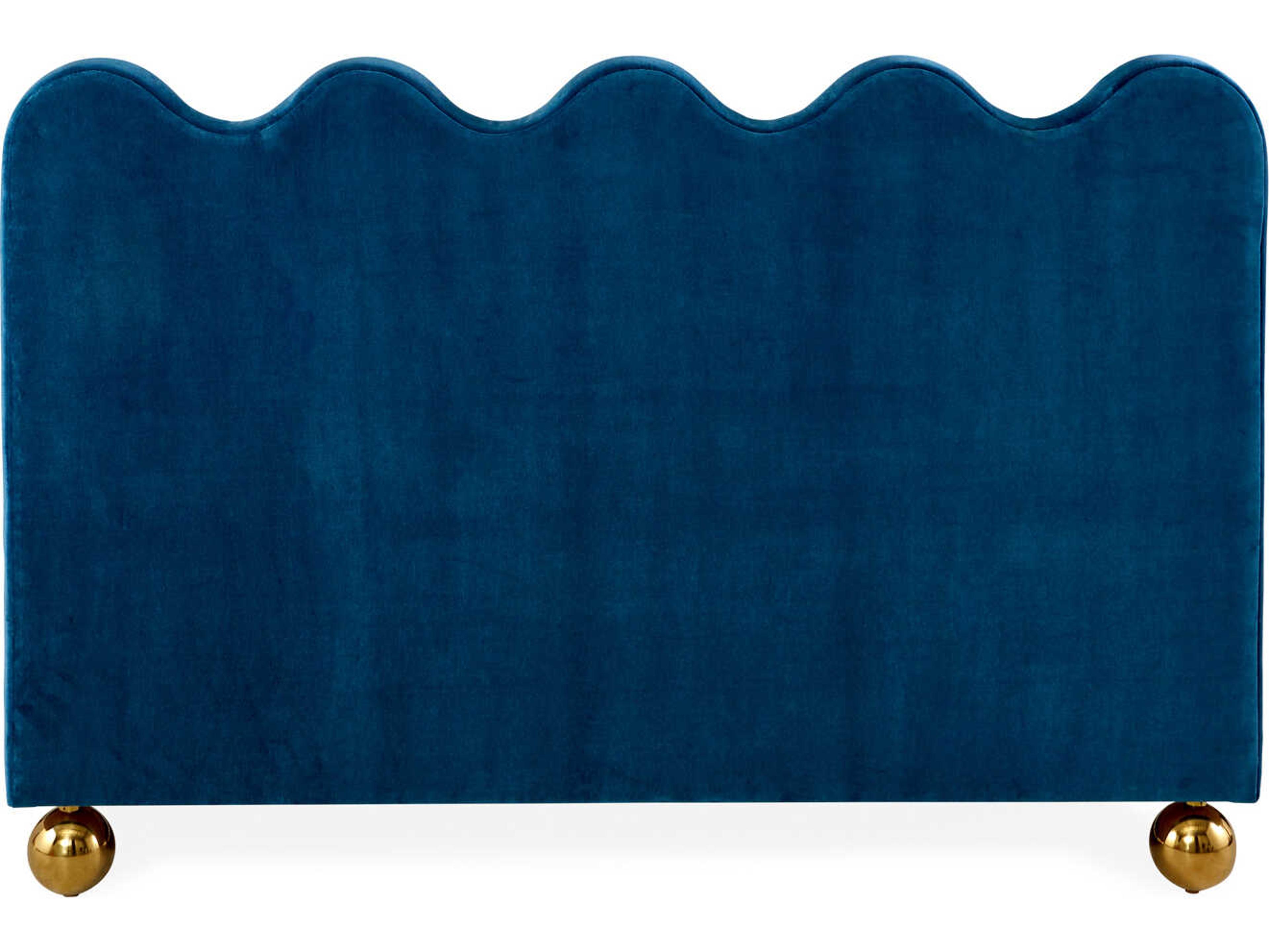 Jonathan Adler Ripple Venice Peacock Polished Brass Blue Upholstered Queen Platform Bed