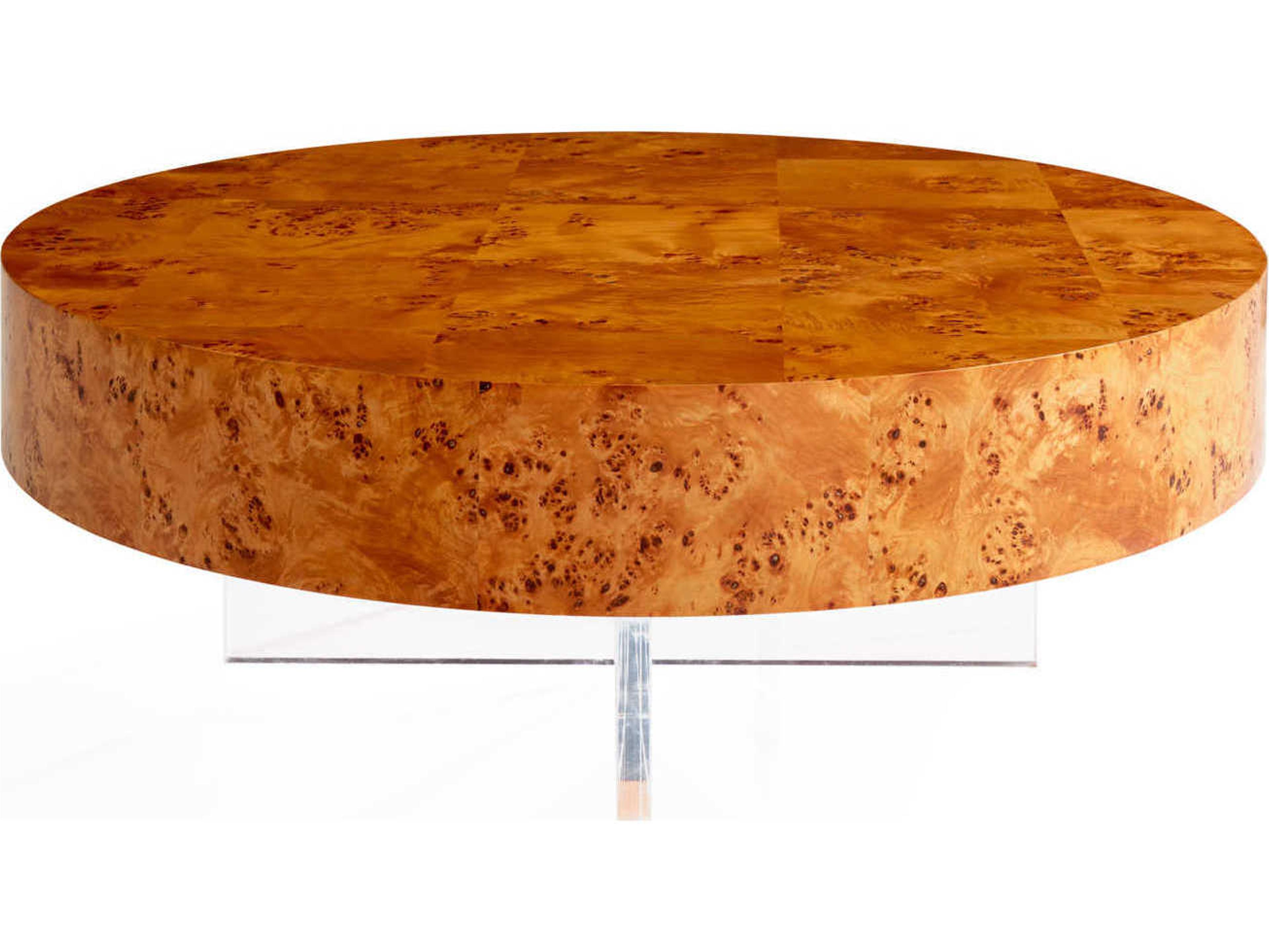 Jonathan Adler Bond Round Wood Natural Burled Mappa Clear Acrylic Coffee Table