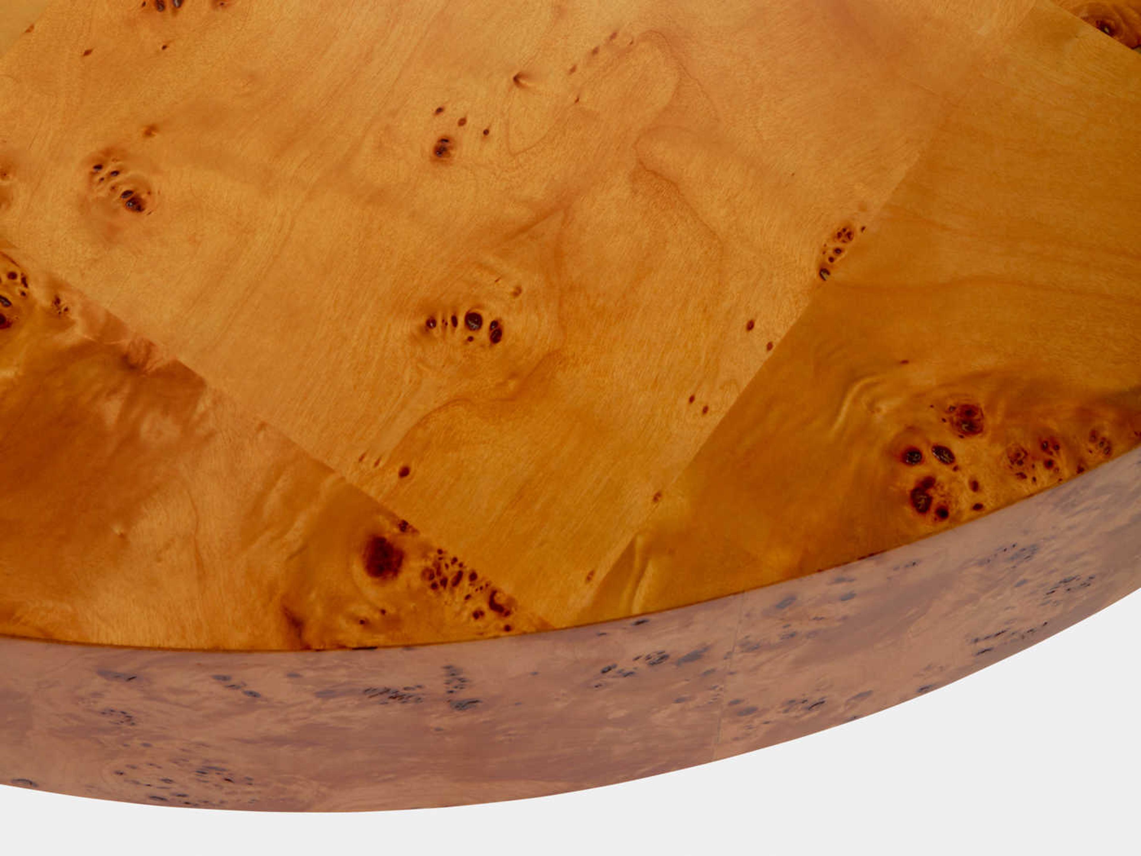 Jonathan Adler Bond Round Wood Natural Burled Mappa Clear Acrylic Coffee Table