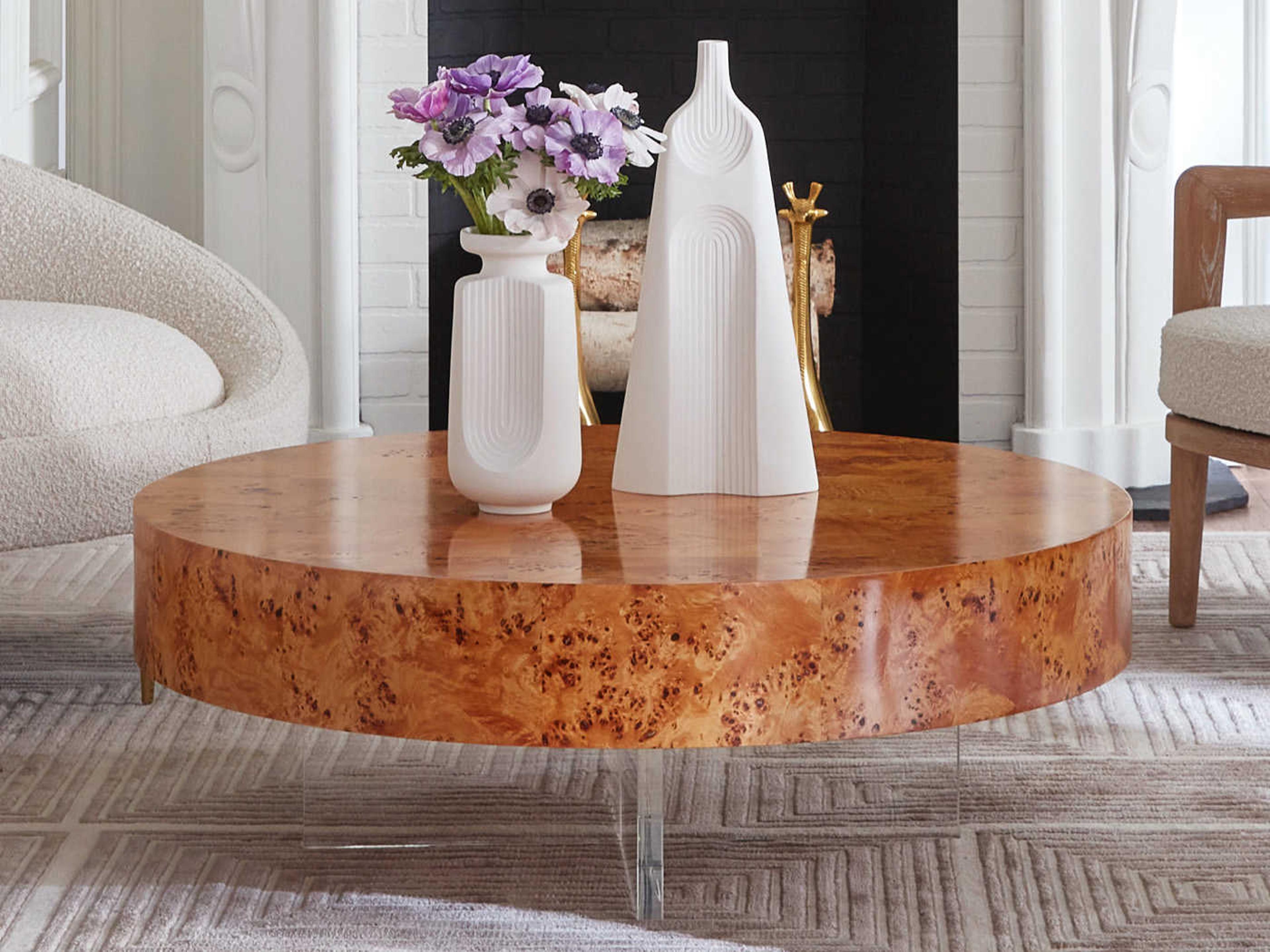 Jonathan Adler Bond Round Wood Natural Burled Mappa Clear Acrylic Coffee Table