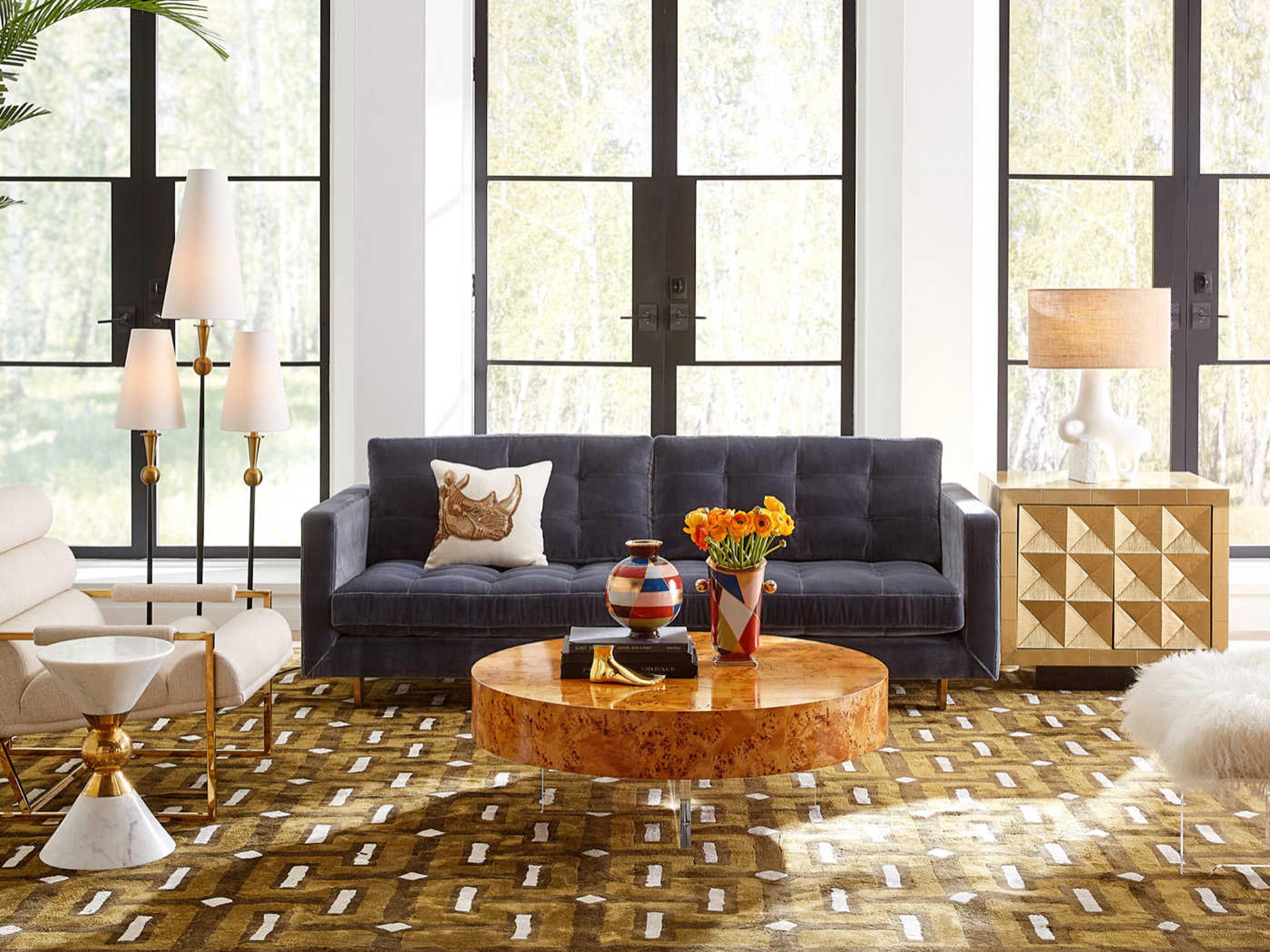 Jonathan Adler Bond Round Wood Natural Burled Mappa Clear Acrylic Coffee Table