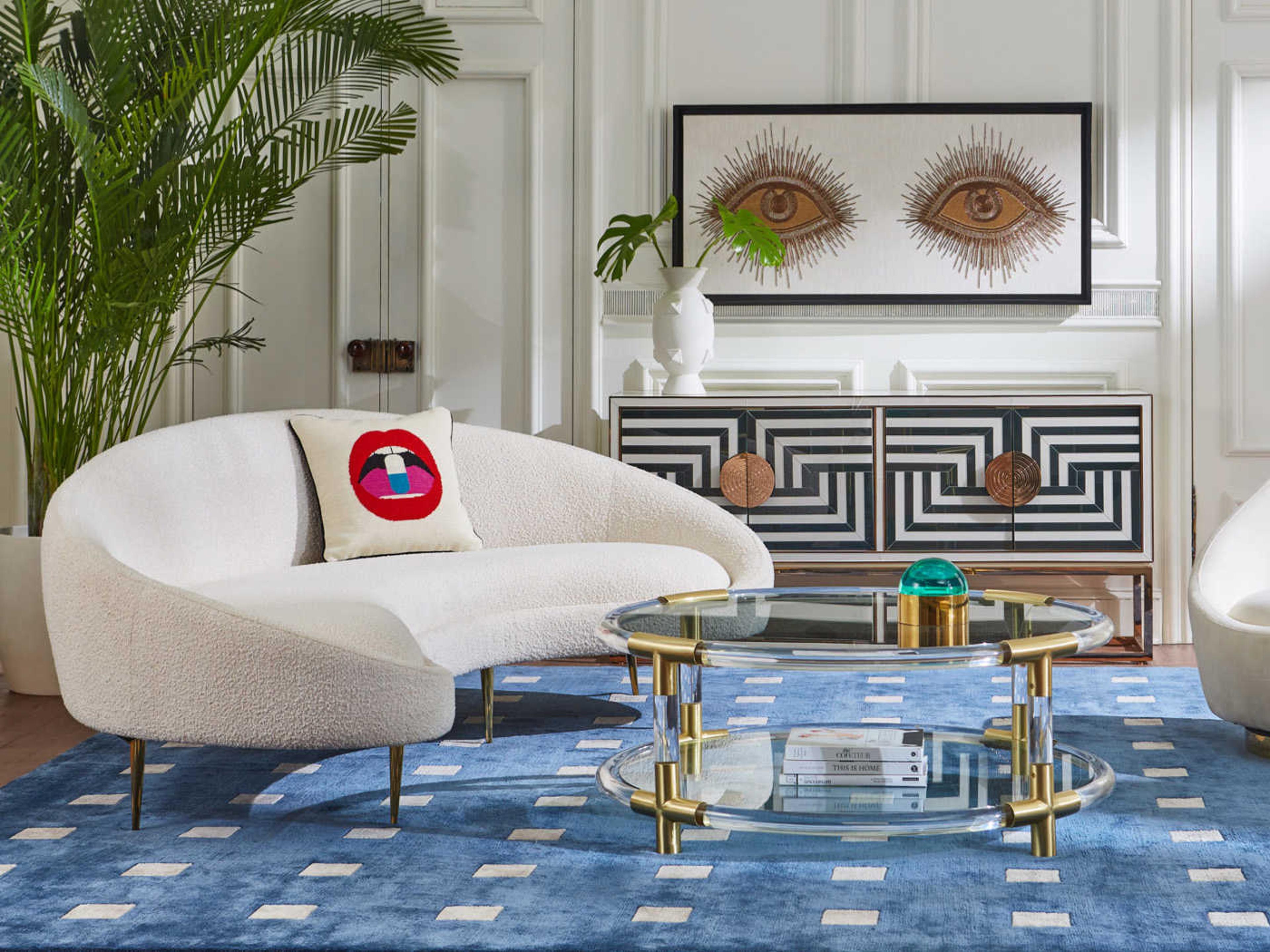 Jonathan Adler Jacques Round Glass Clear Acrylic Brushed Brass Coffee Table