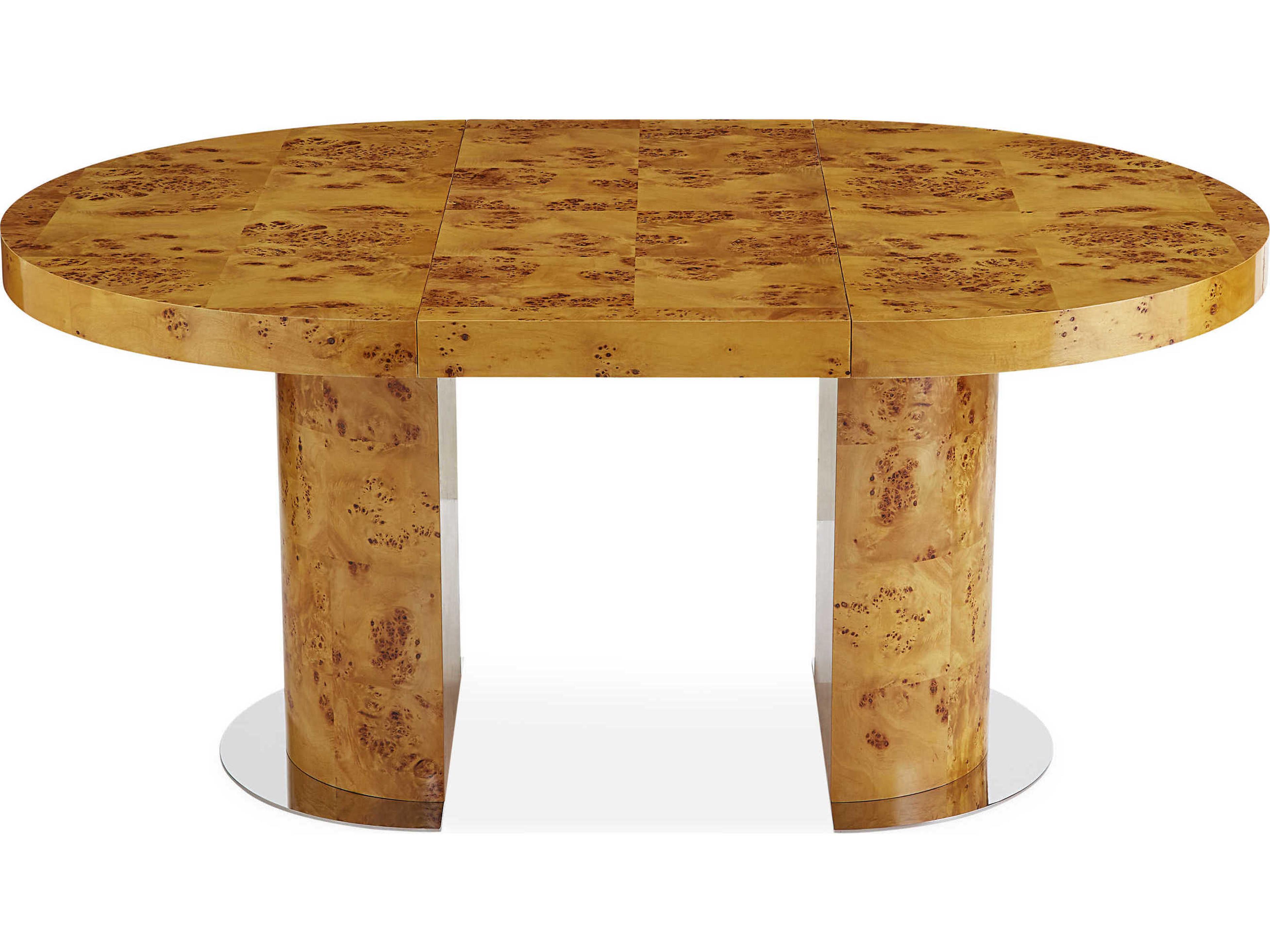 Jonathan Adler Bond Extension Extendable Round Wood Natural Burled Mappa Polished Nickel Dining Table