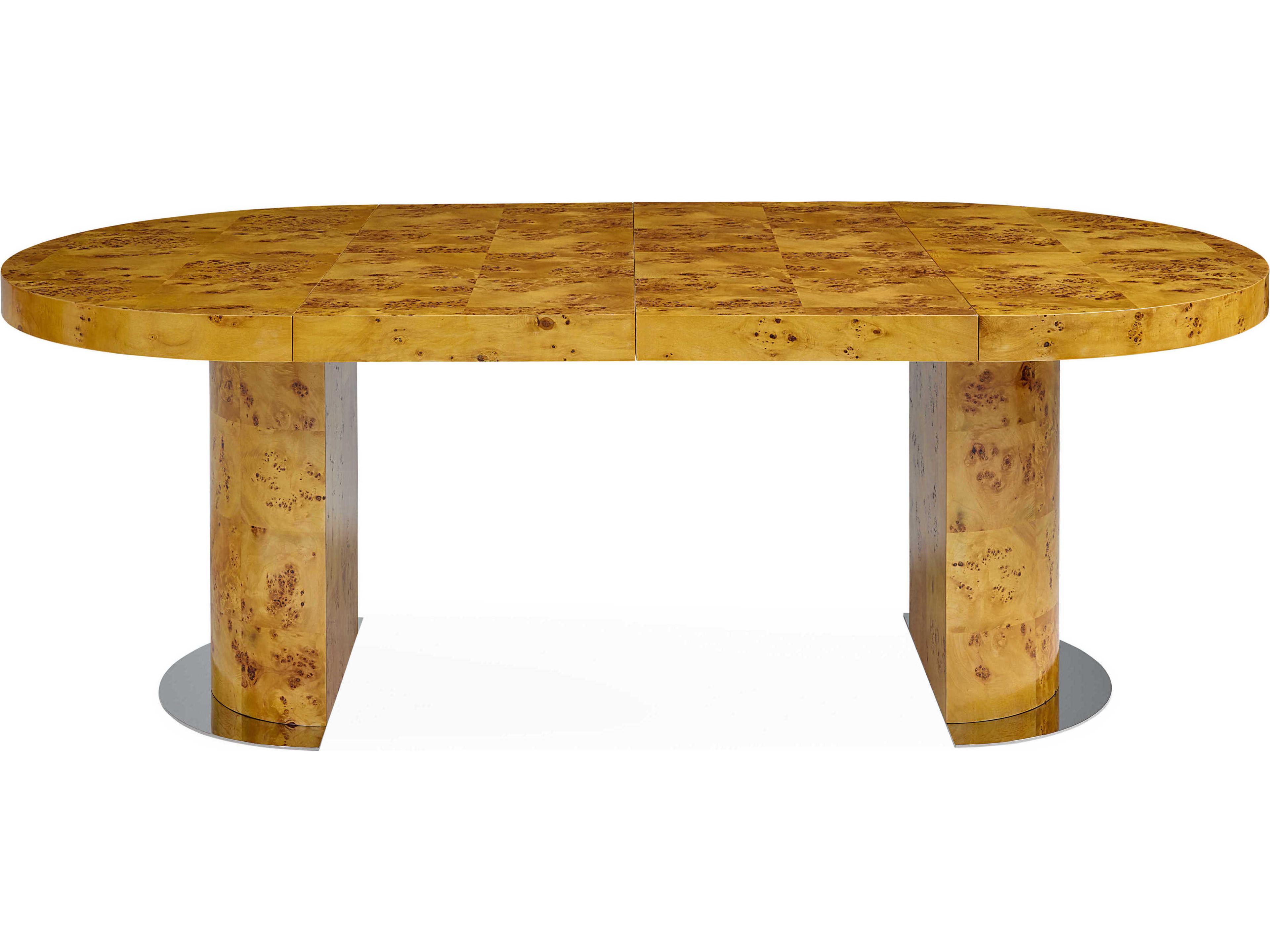 Jonathan Adler Bond Extension Extendable Round Wood Natural Burled Mappa Polished Nickel Dining Table