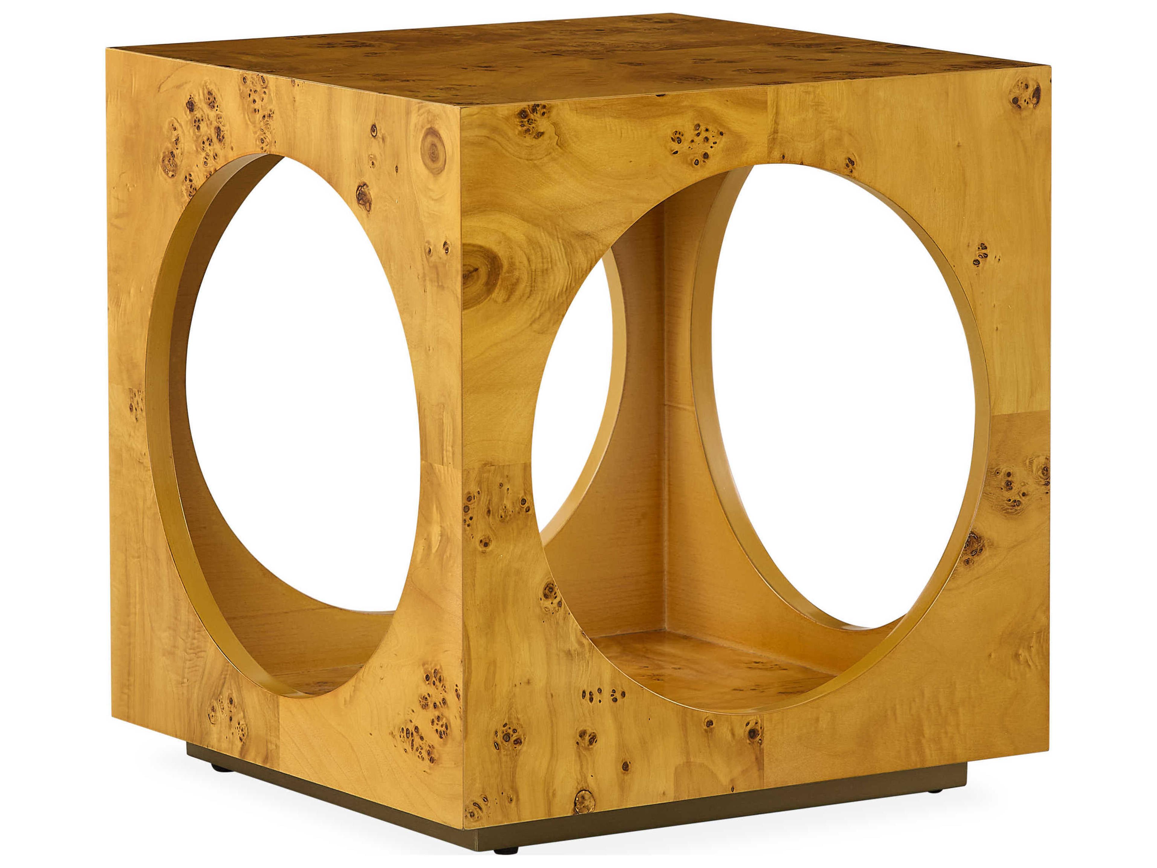 Bond Cube Square Wood Natural Burled Mappa Antique Brass End Table