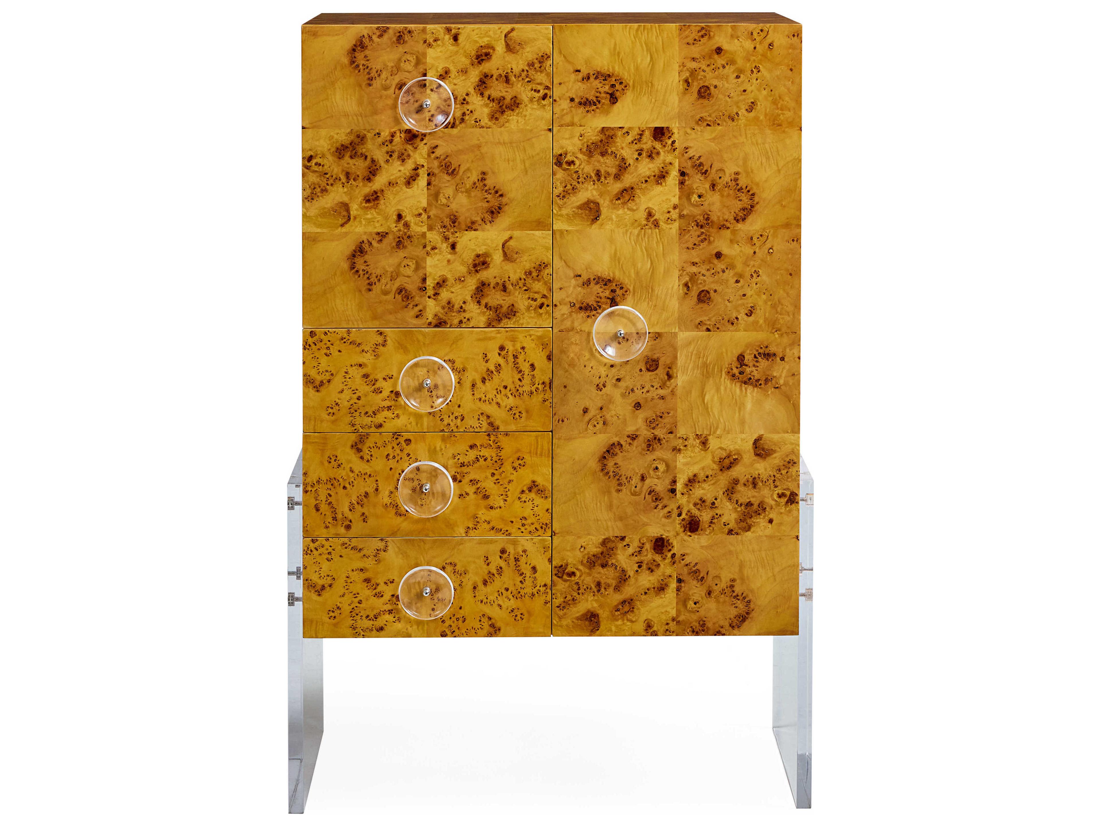 Jonathan Adler Bond Brown Natural Burled Mappa Clear Acrylic Bar Cabinet