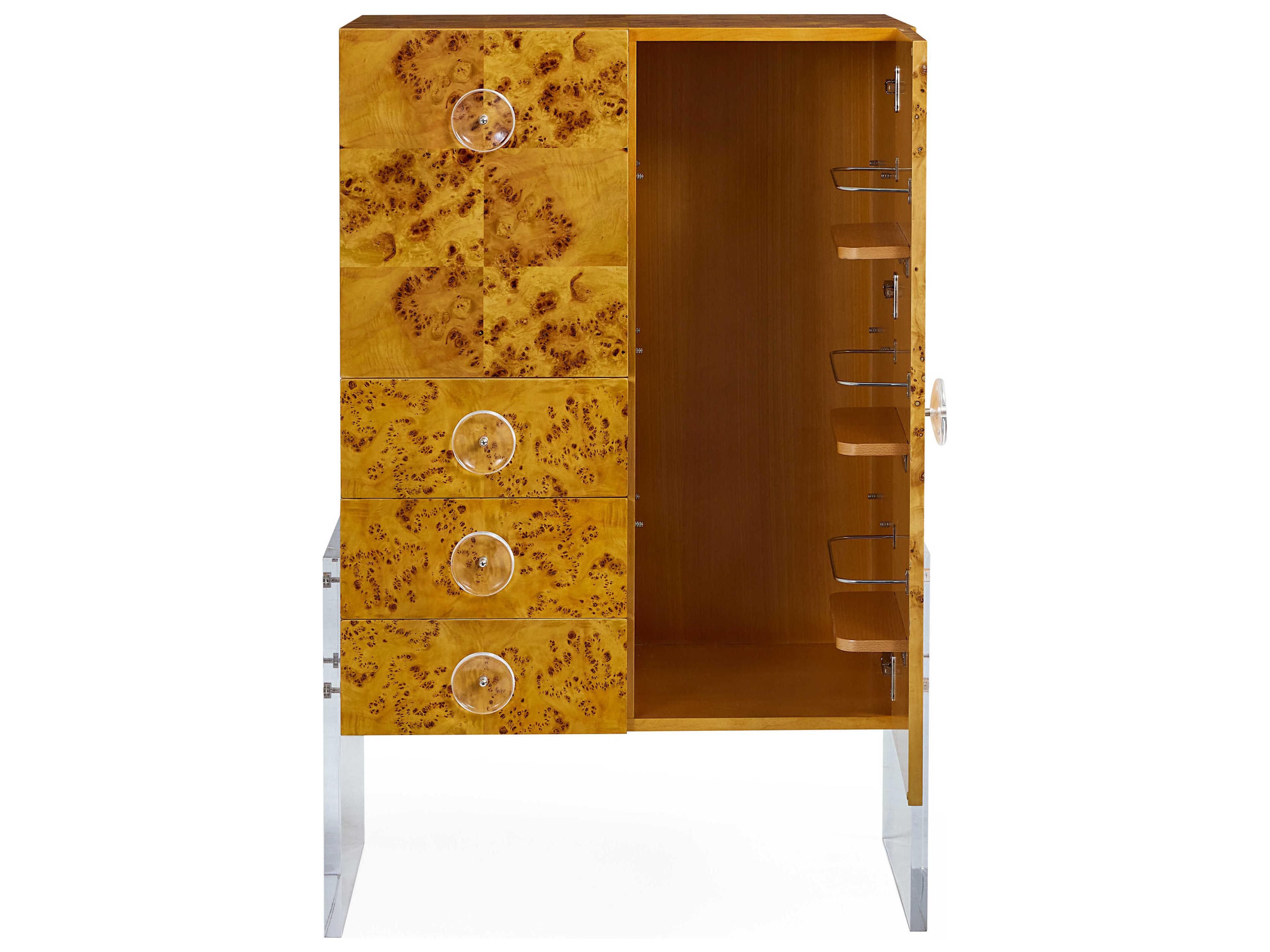 Jonathan Adler Bond Brown Natural Burled Mappa Clear Acrylic Bar Cabinet