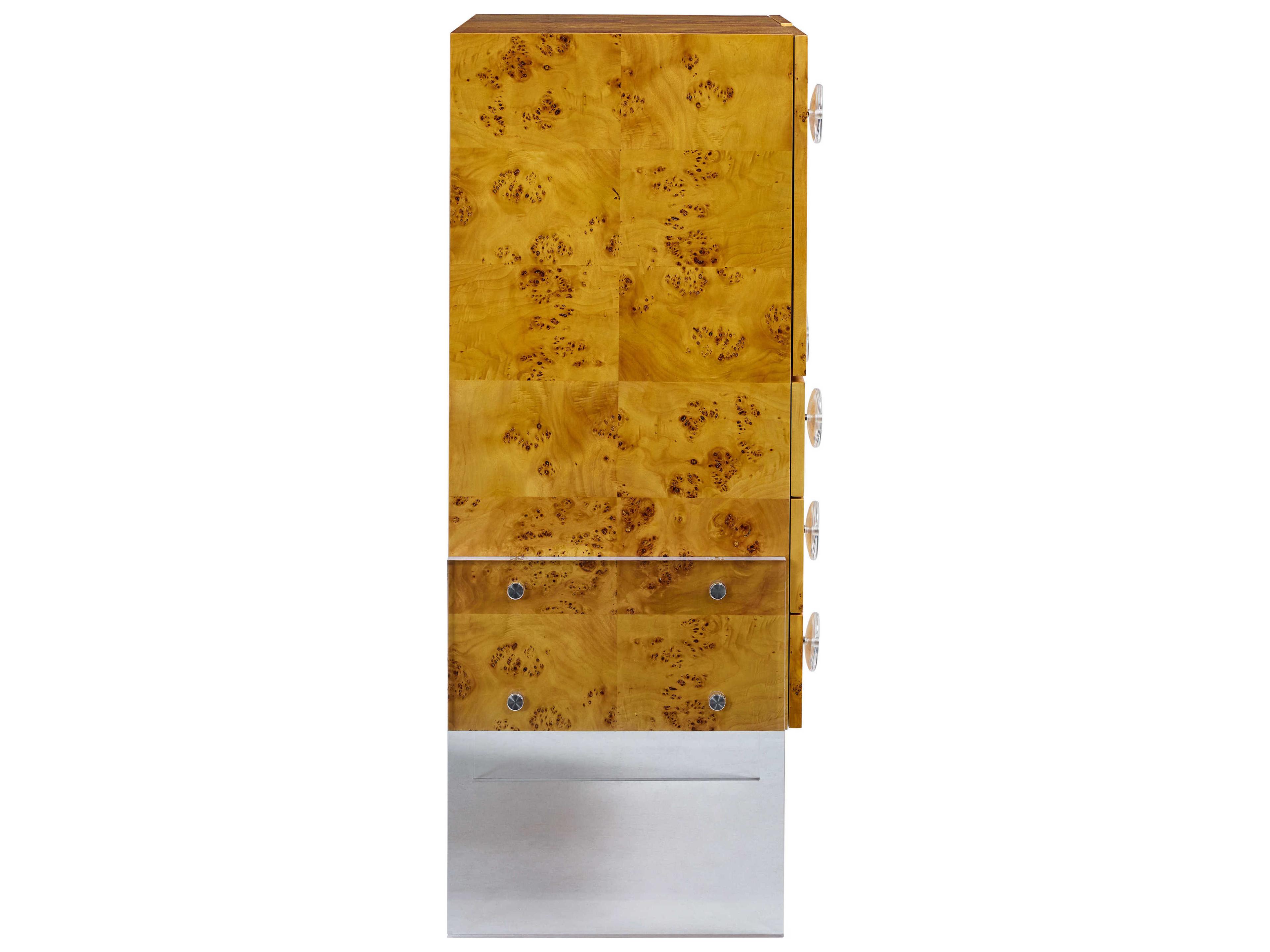 Jonathan Adler Bond Brown Natural Burled Mappa Clear Acrylic Bar Cabinet