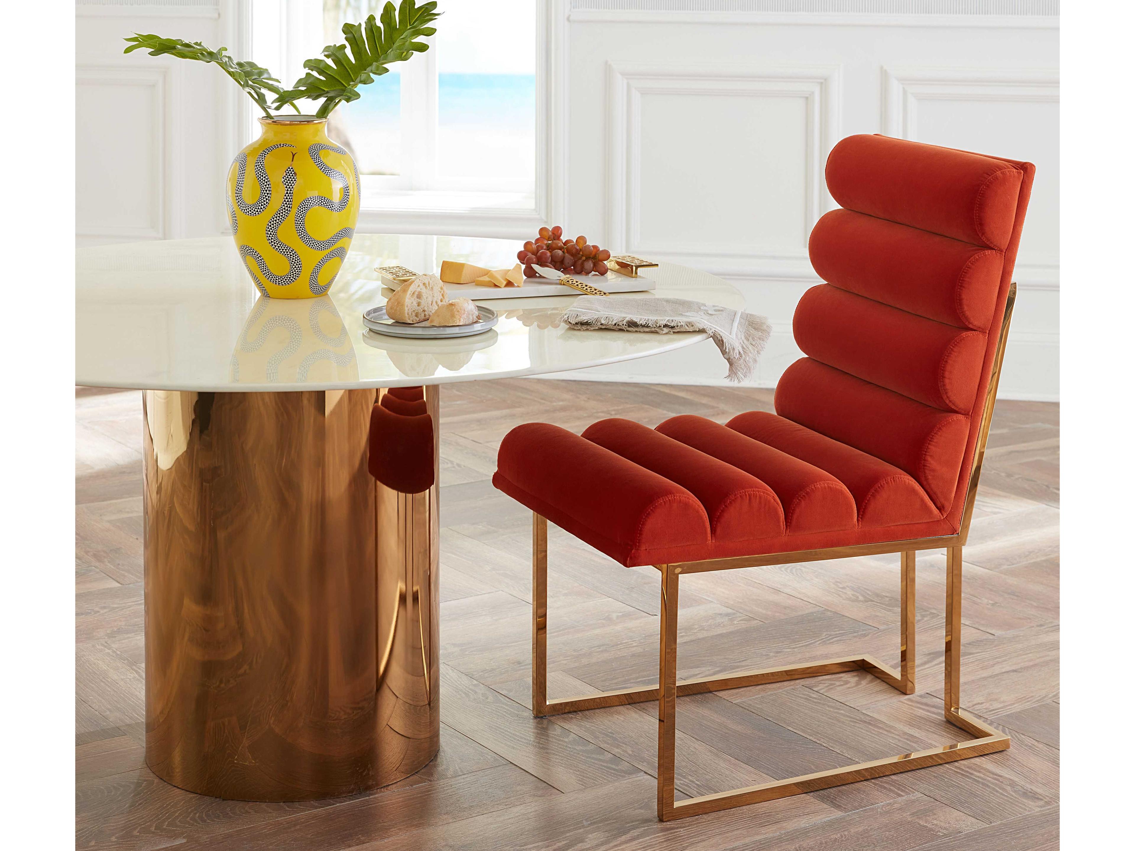 Jonathan Adler Alphaville Round Carrara Marble Honed Brass Dining Table