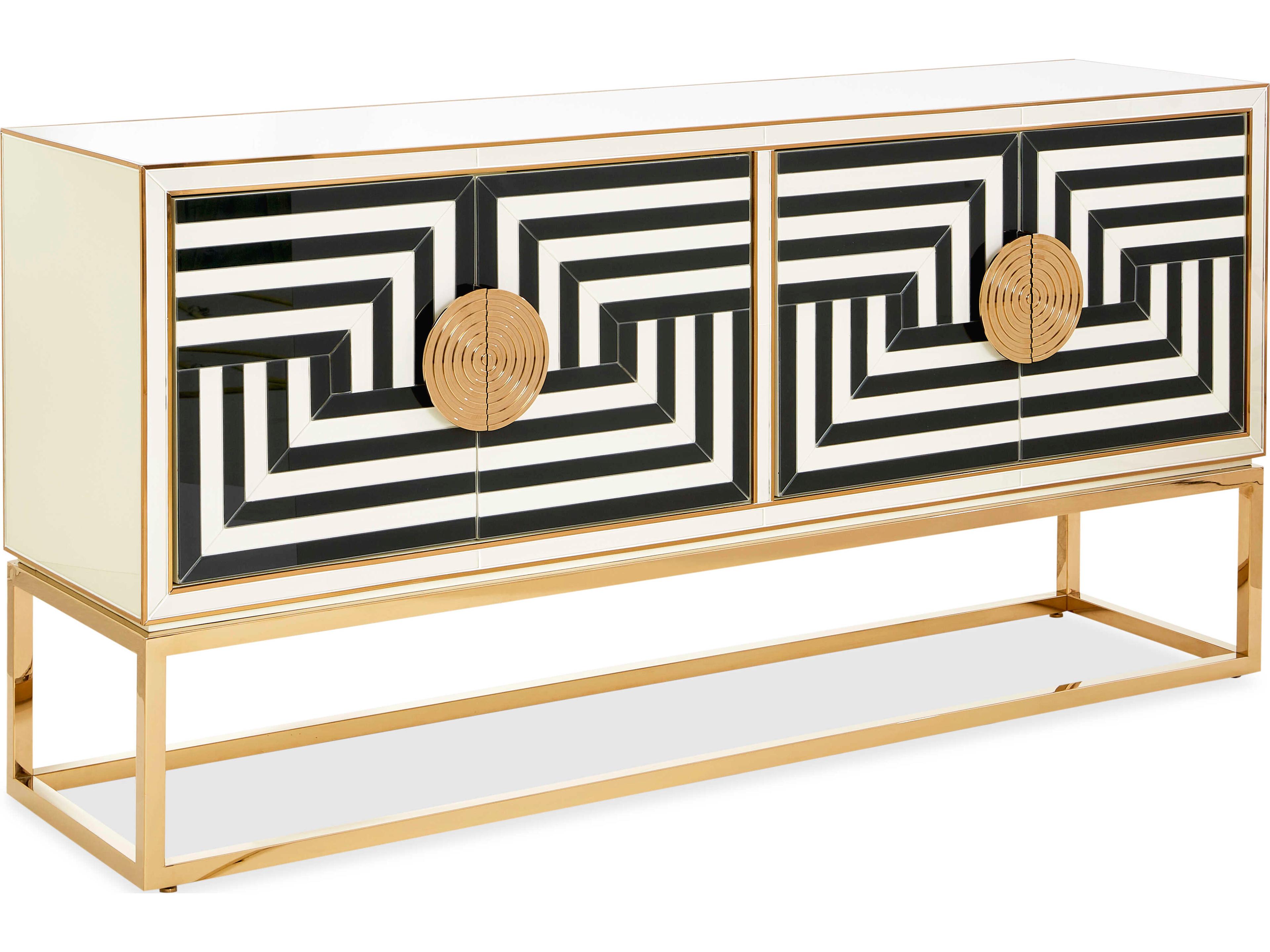 Op Art 64" Charcoal & Ivory Polished Brass Credenza Sideboard