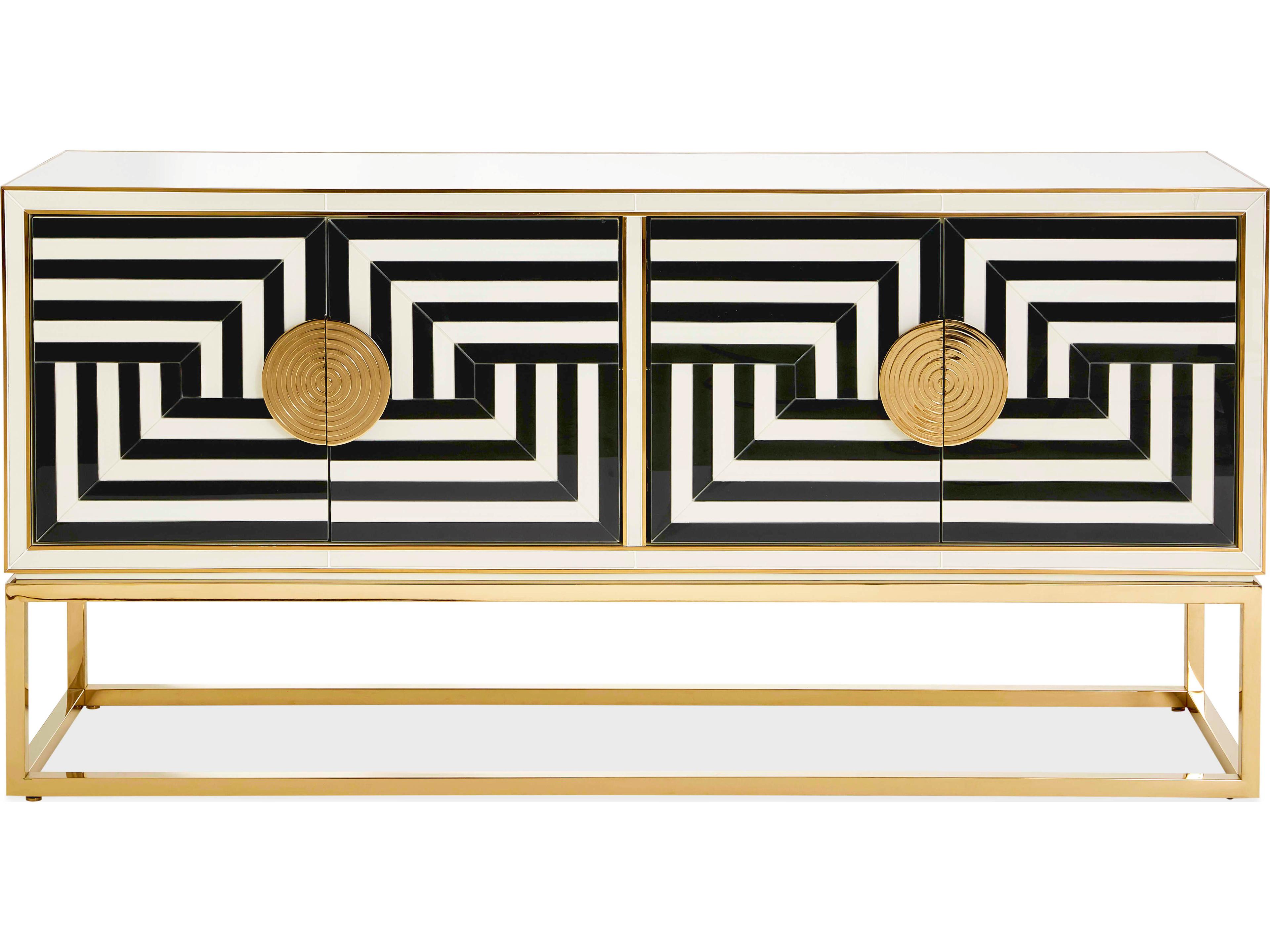 Jonathan Adler Op Art 64" Charcoal & Ivory Polished Brass Credenza Sideboard
