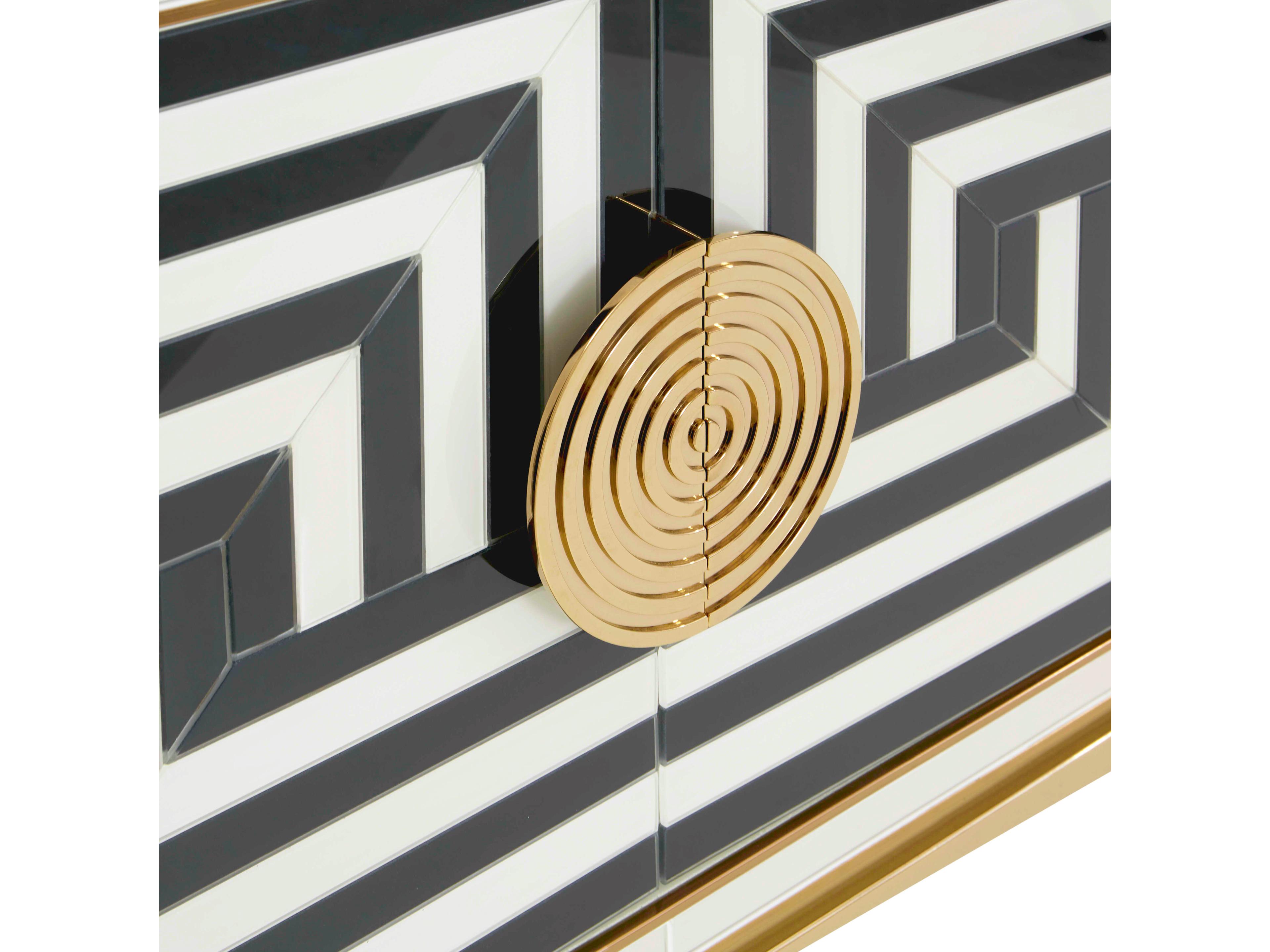 Jonathan Adler Op Art 64" Charcoal & Ivory Polished Brass Credenza Sideboard