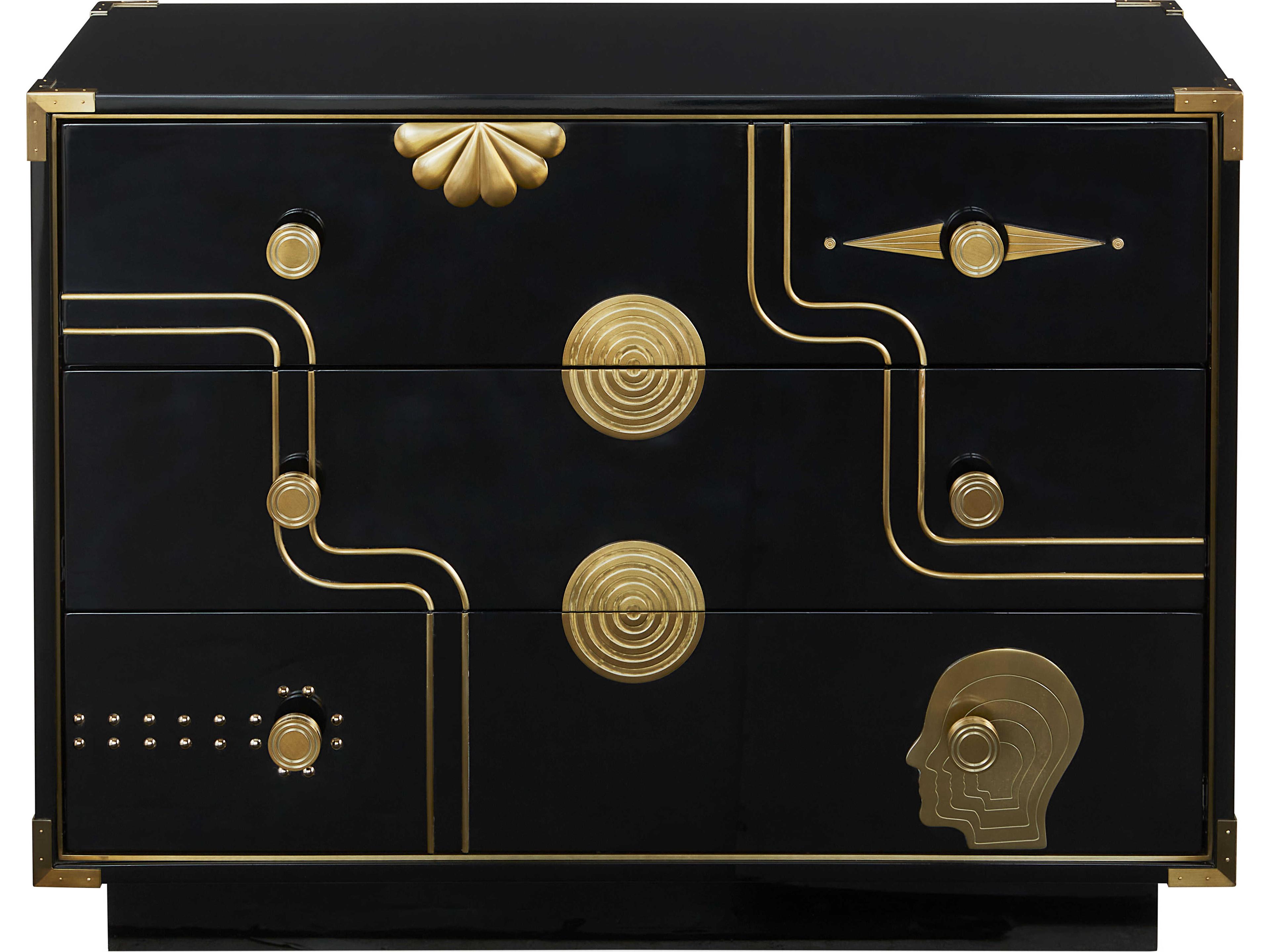 Jonathan Adler Gala Black Lacquer Soft Antique Brass Accent Chest
