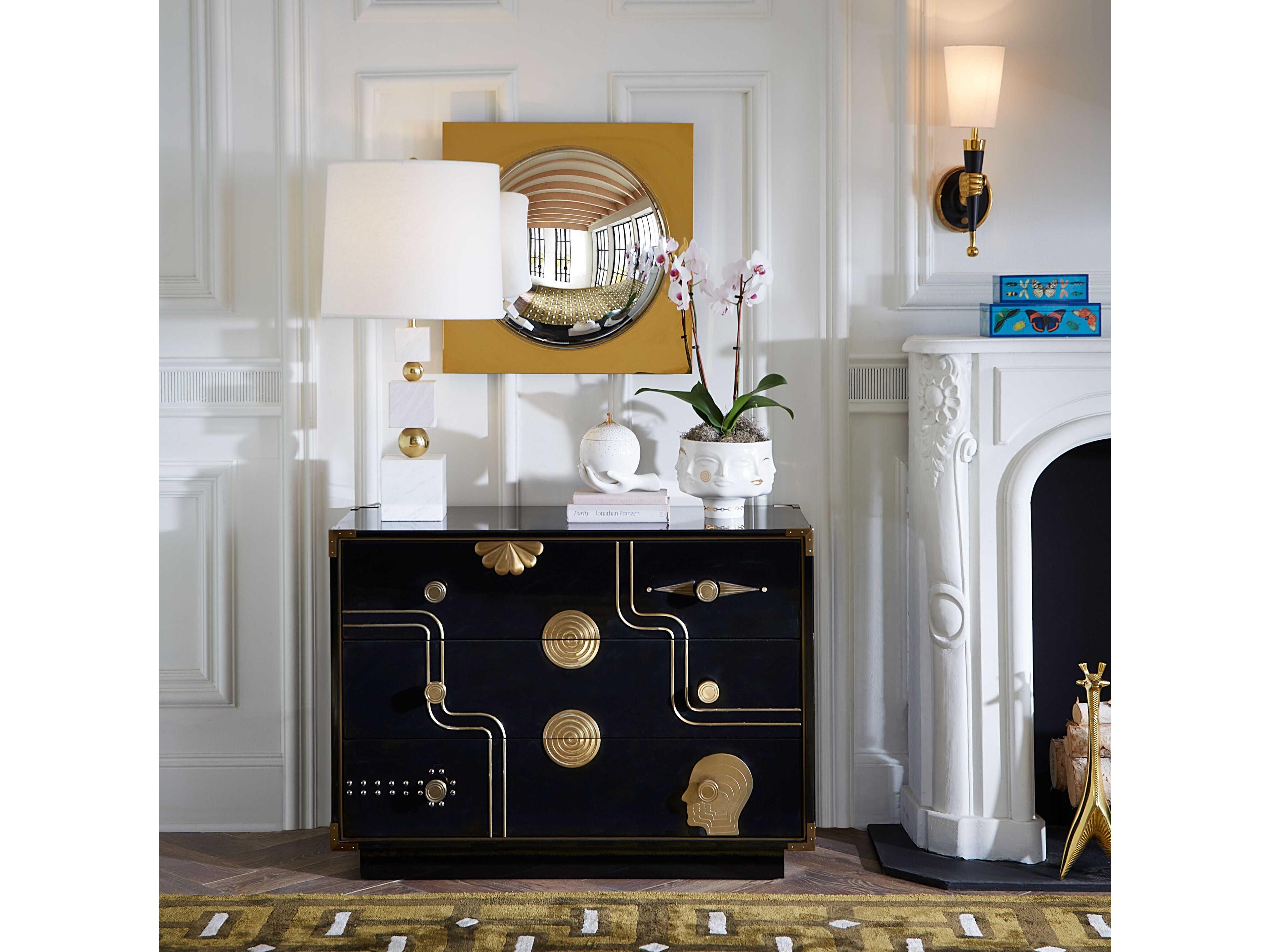 Jonathan Adler Gala Black Lacquer Soft Antique Brass Accent Chest