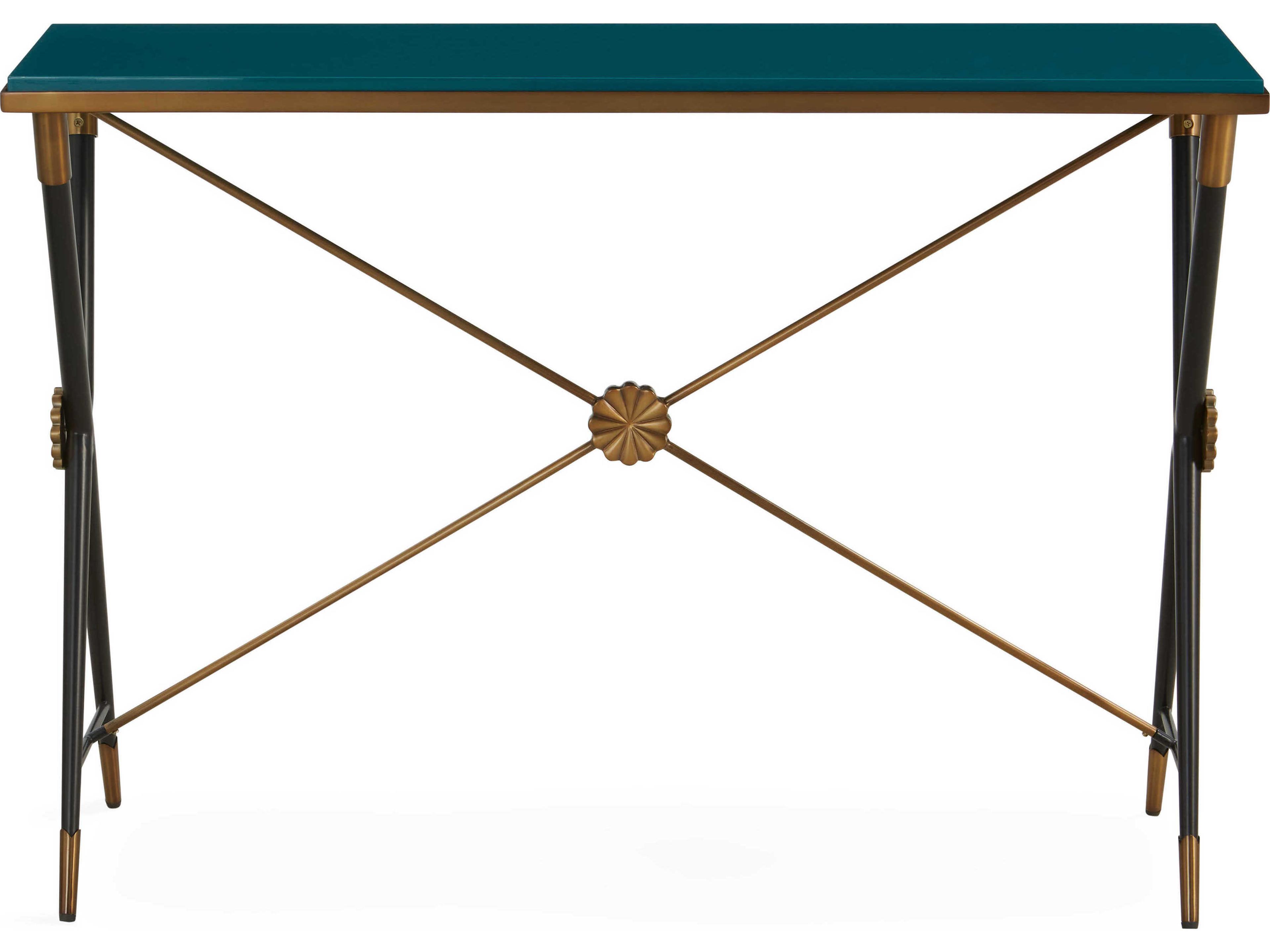 Jonathan Adler Rider Rectangular Glossy Teal Black Antiqued Brass Console Table