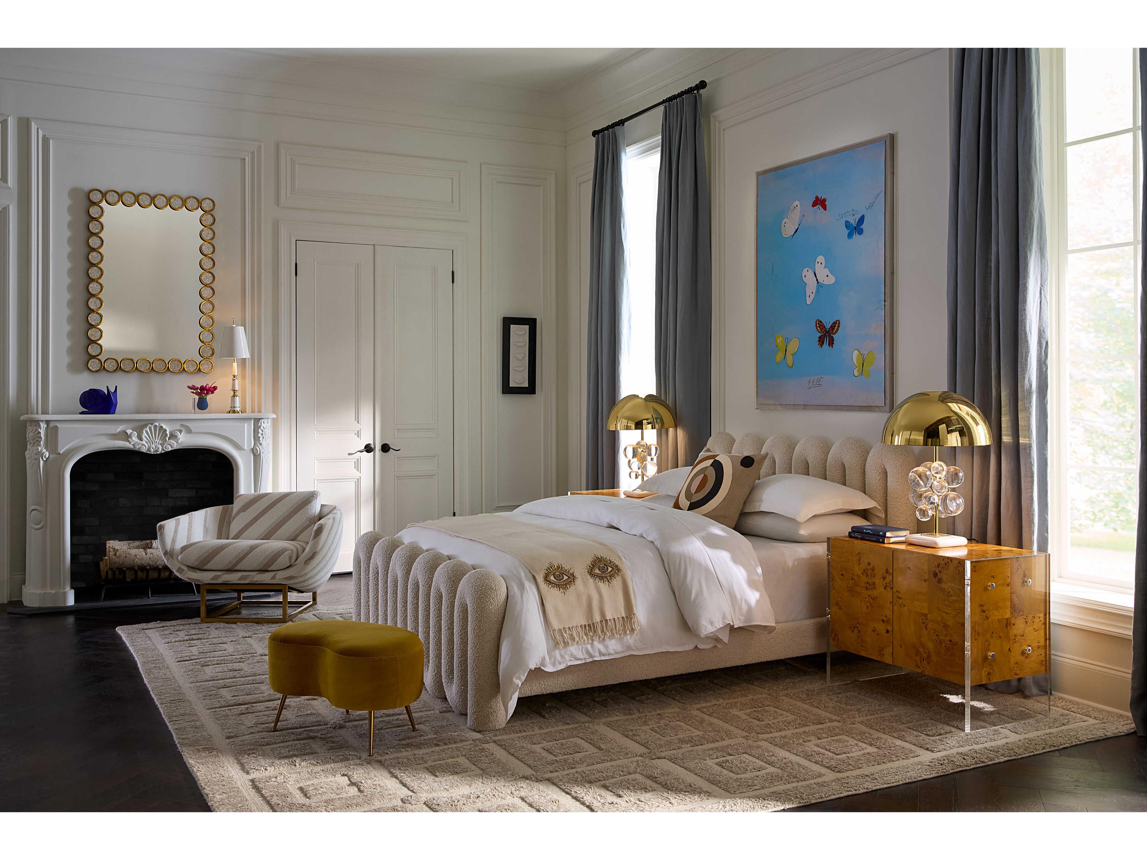 Jonathan Adler Kidney Varese Lichen Brass Yellow Upholstered Ottoman