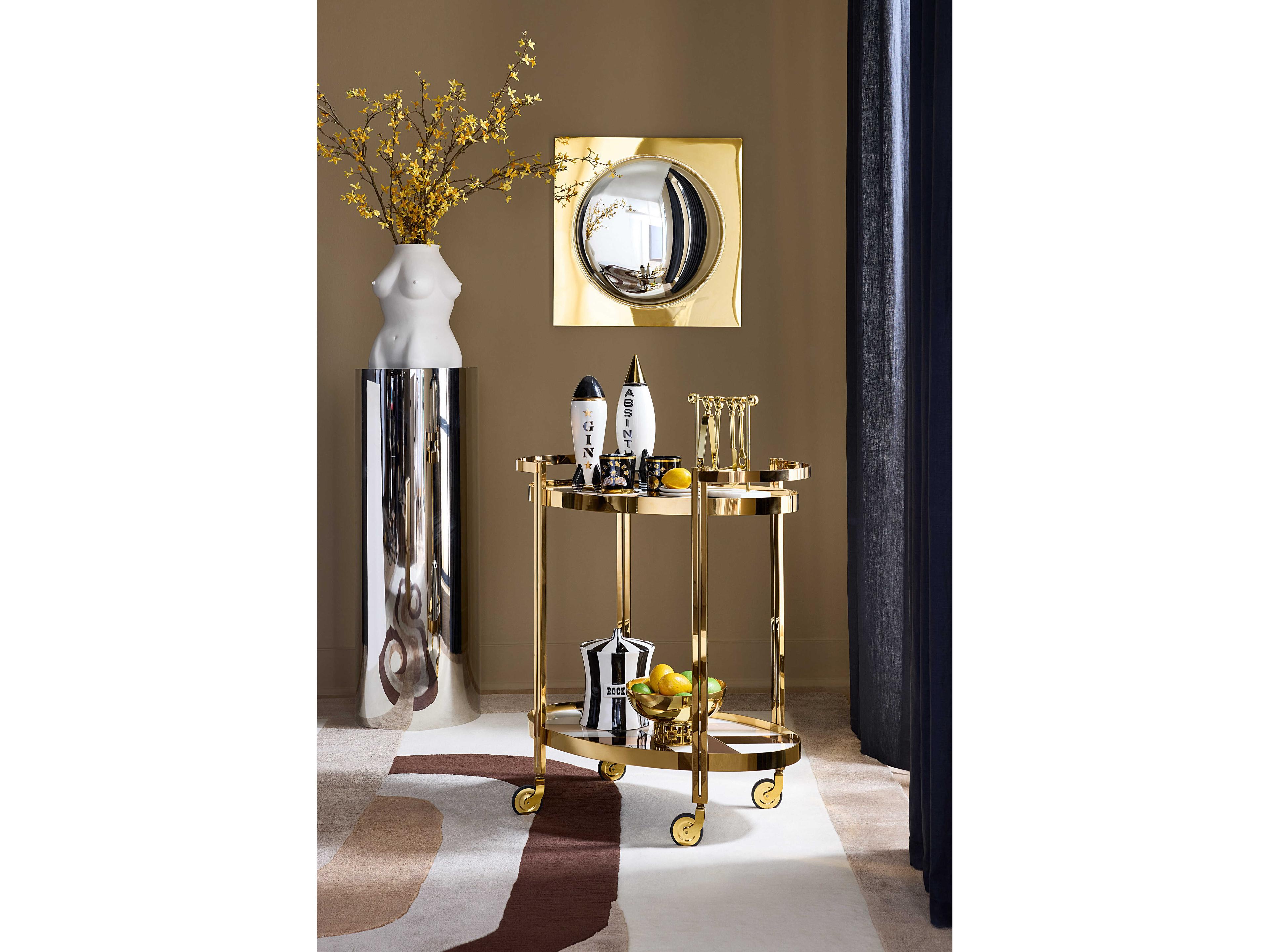 Jonathan Adler Chambeige Wood Polished Brass Multi Bar Cart