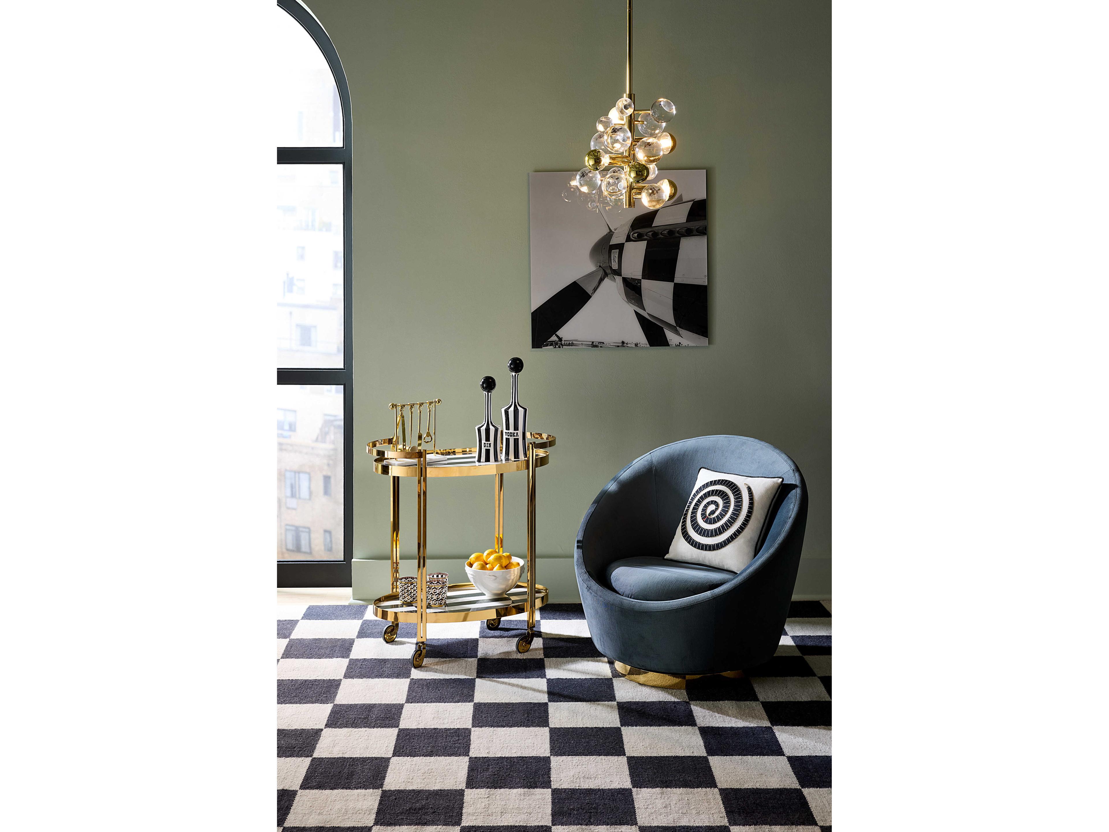 Jonathan Adler Op Art Wood Charcoal Ivory Polished Brass Bar Cart