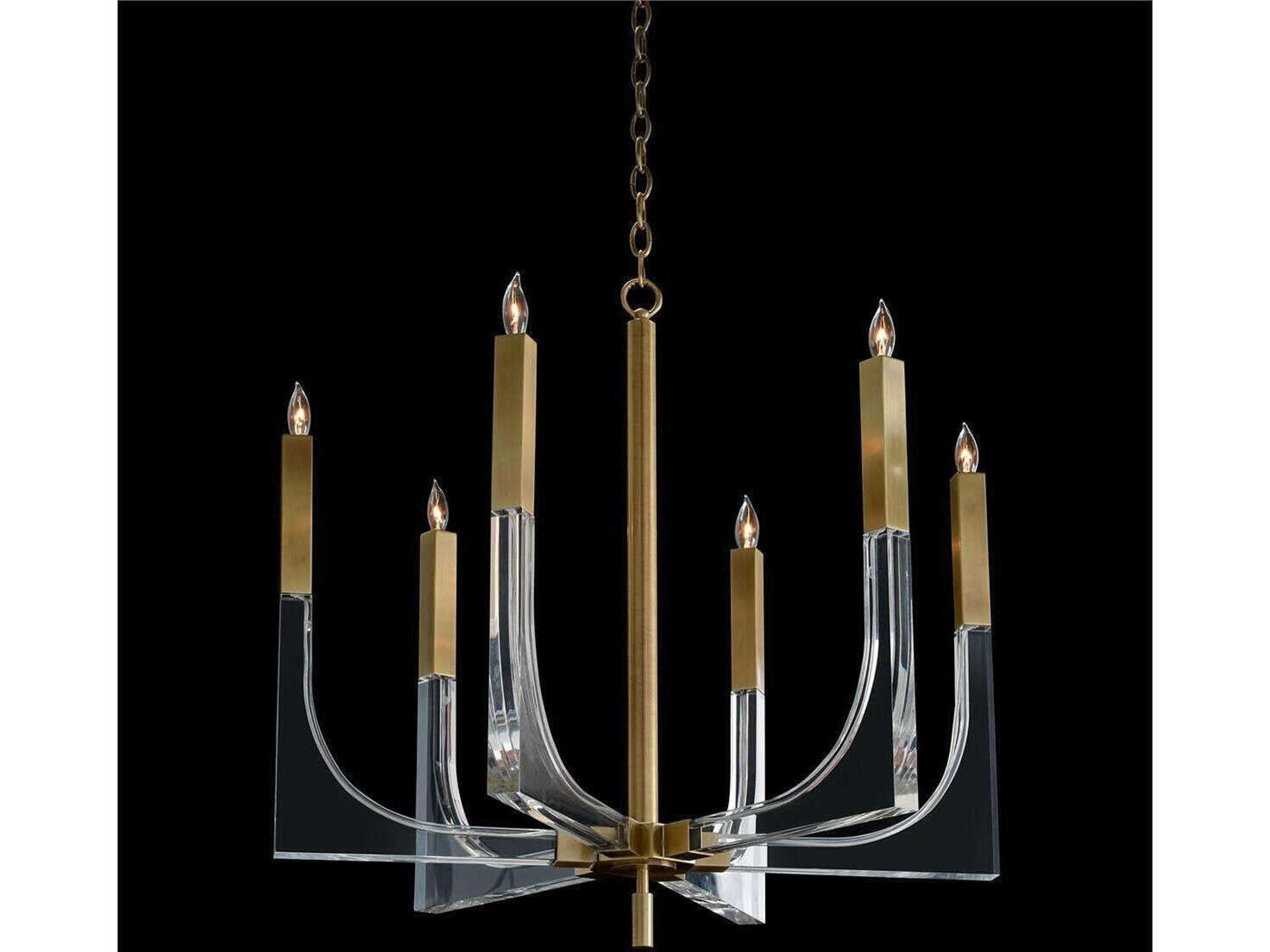 John Richard 6-Light Antique Brass Acrylic Clear Candelabra Chandelier
