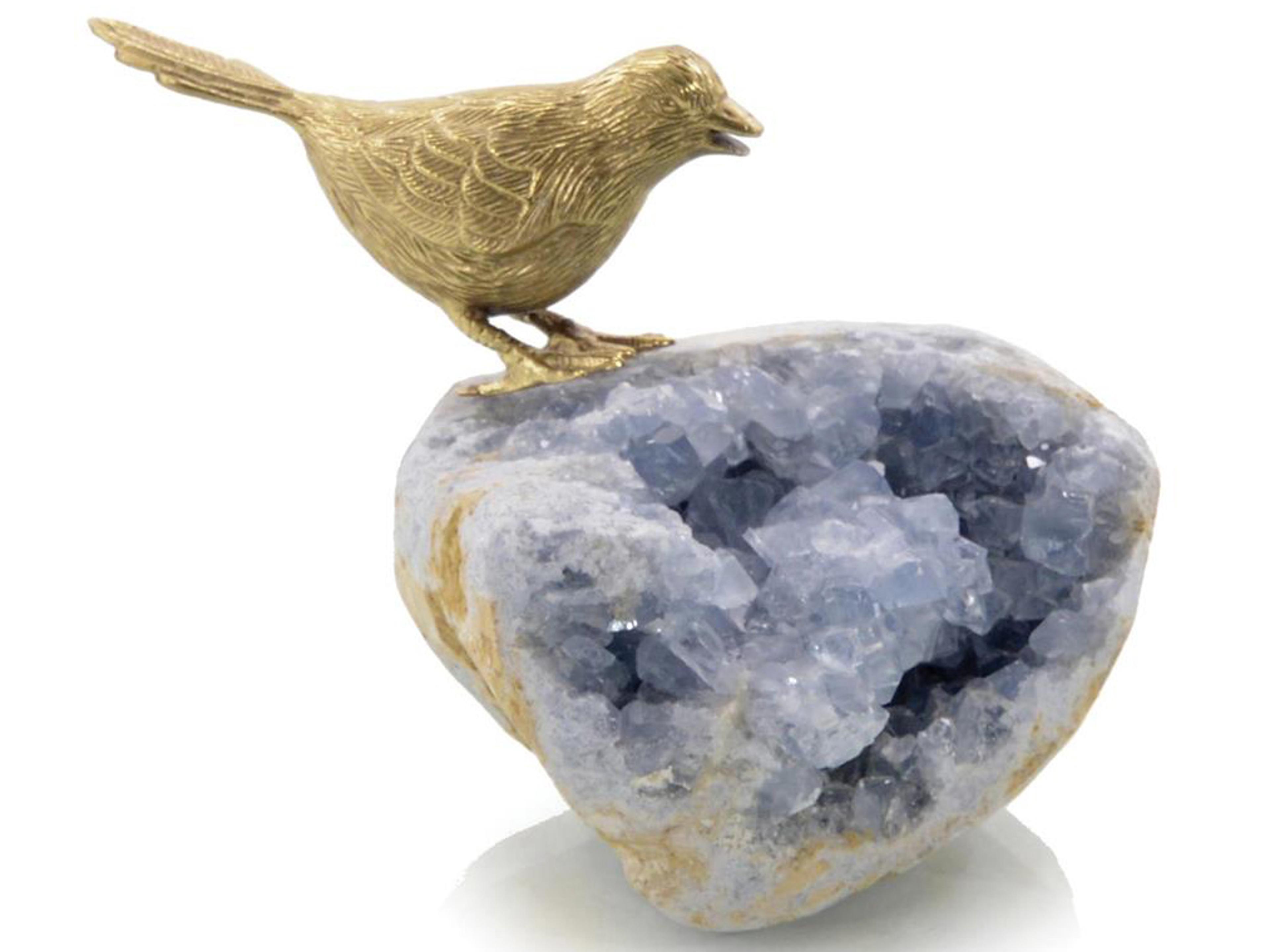 Brass Bird on Celestite Rock-I Sculpture