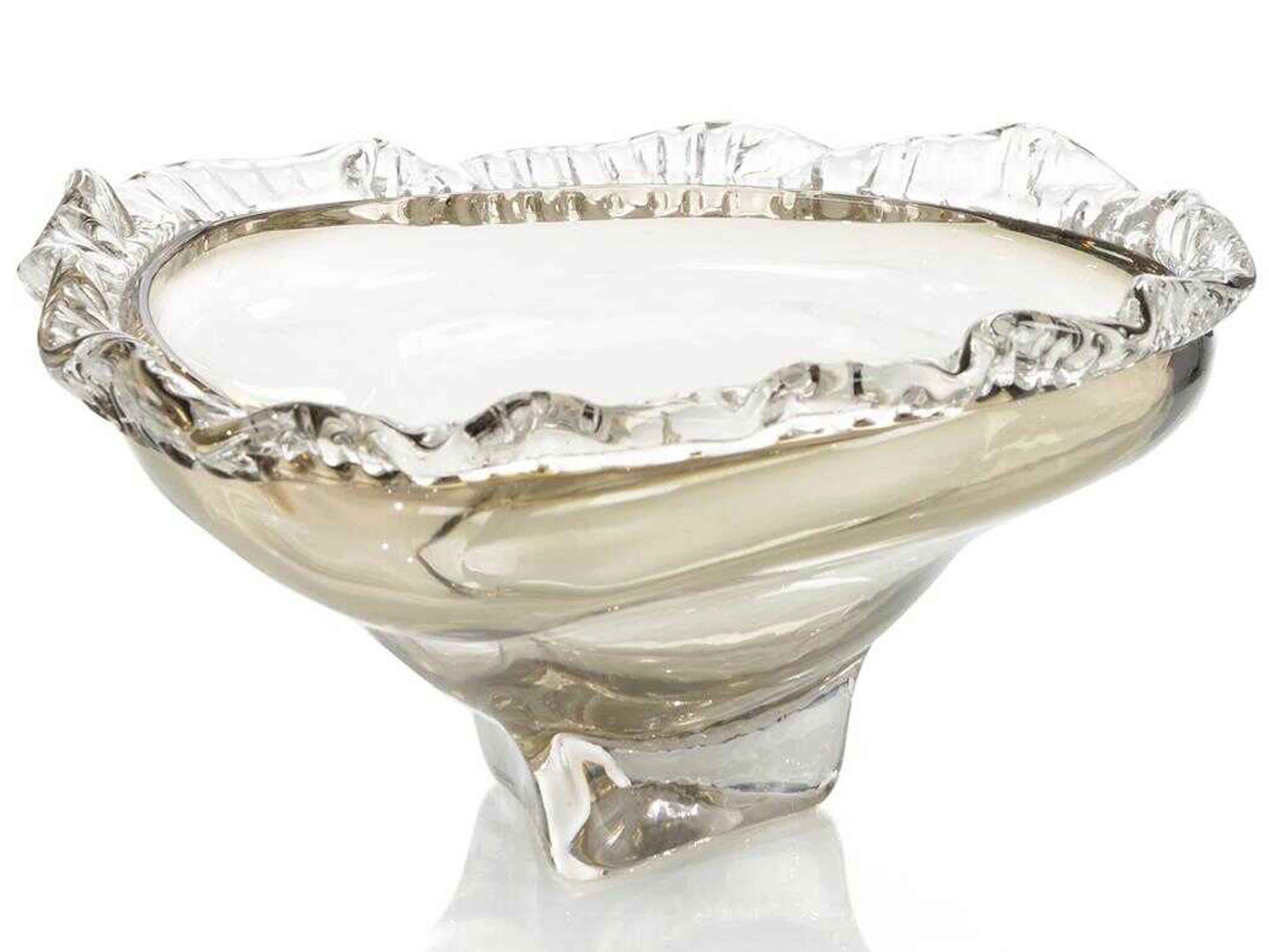 Brown Clear Ruffled Handblown Decorative Bowl