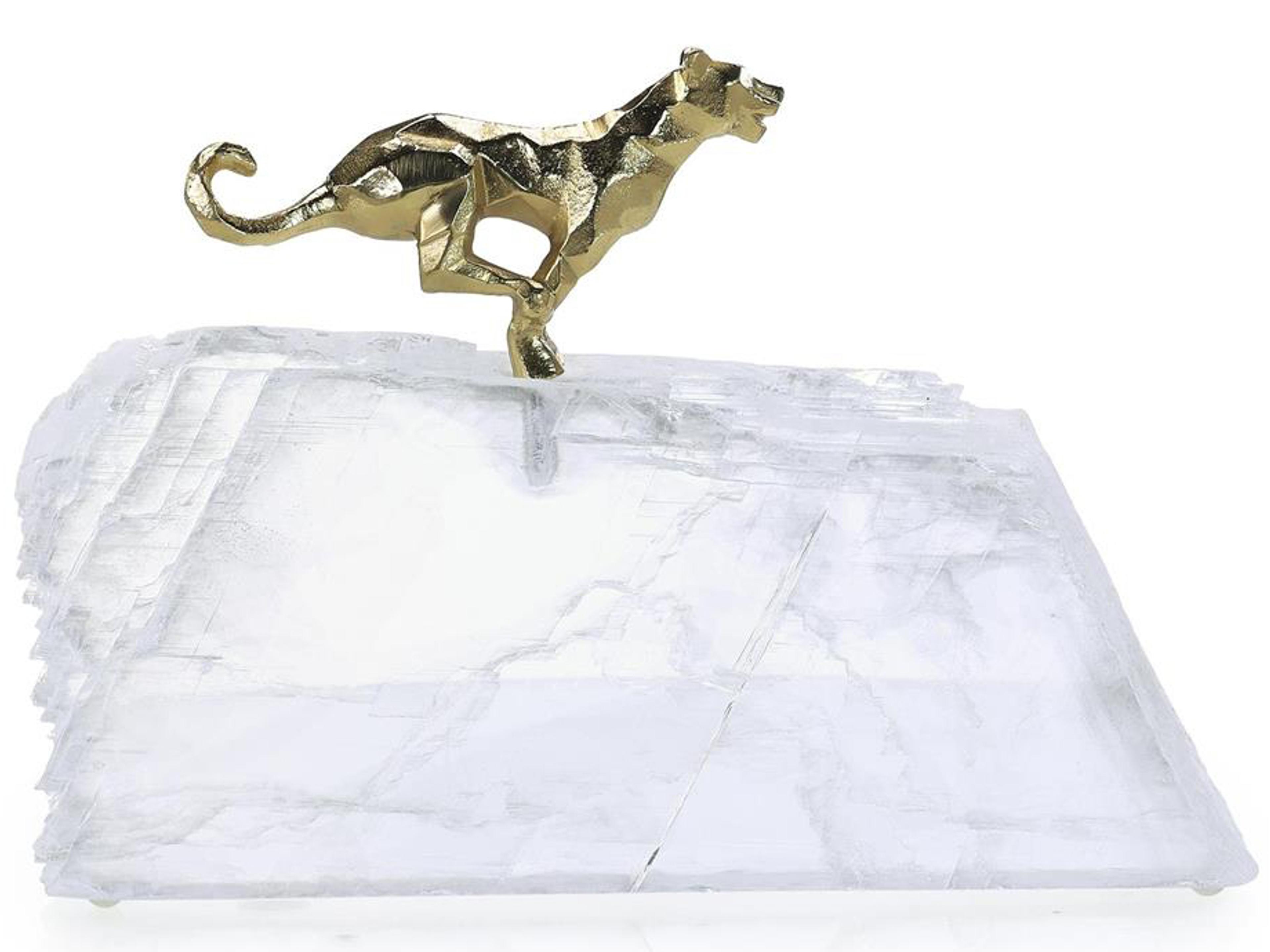 John Richard Sprinting Brass Panther on Selenite Sculpture