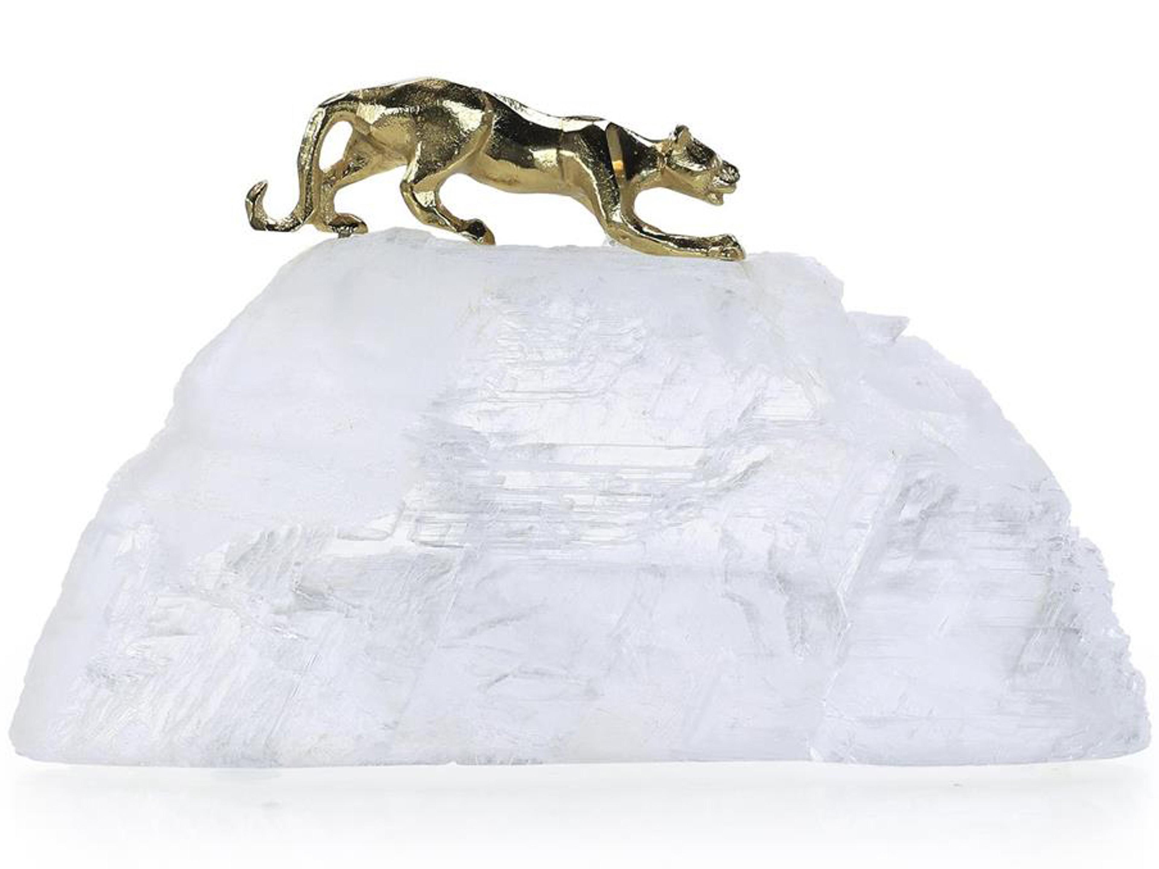 John Richard Prowling Brass Panther on Selenite Sculpture