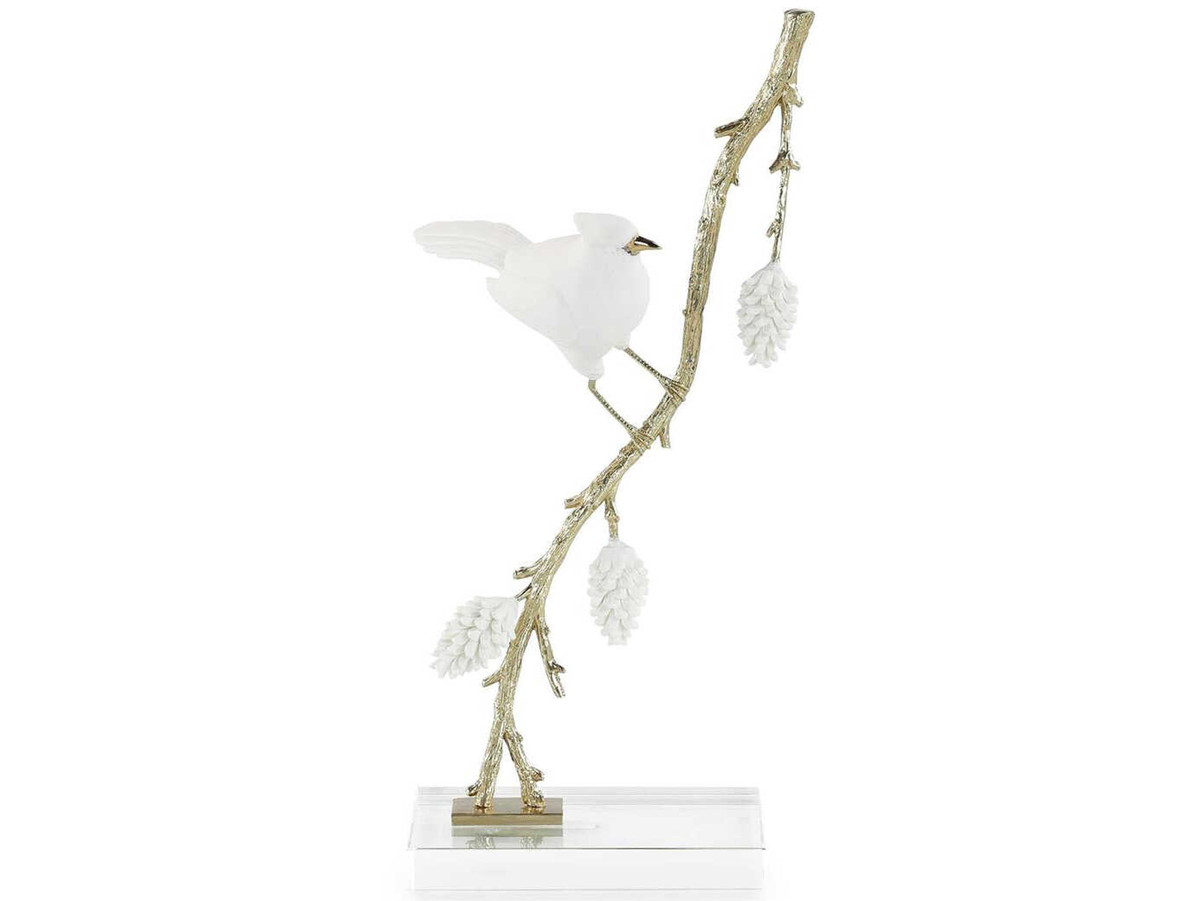 John Richard White Gold Porcelain Bird on Pine Branch-I Sculpture