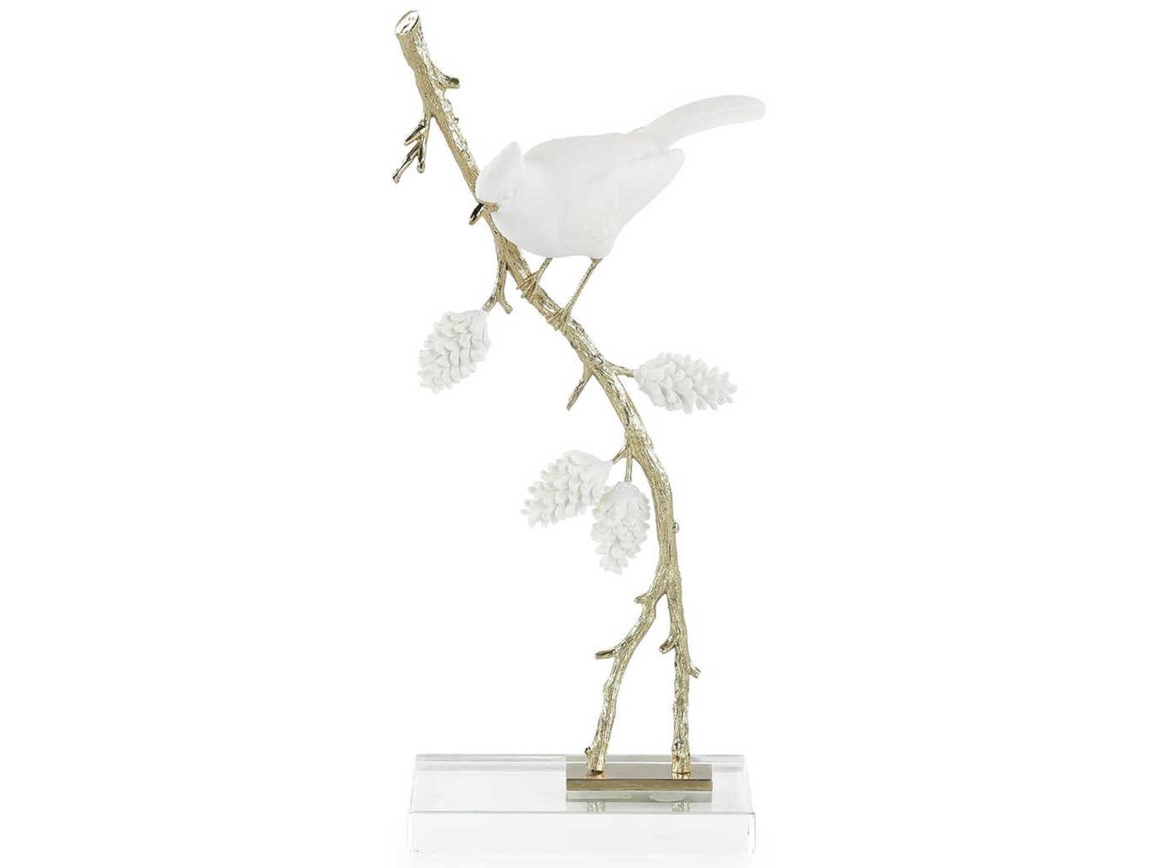 White Gold Porcelain Bird on Pine Branch-II Sculpture