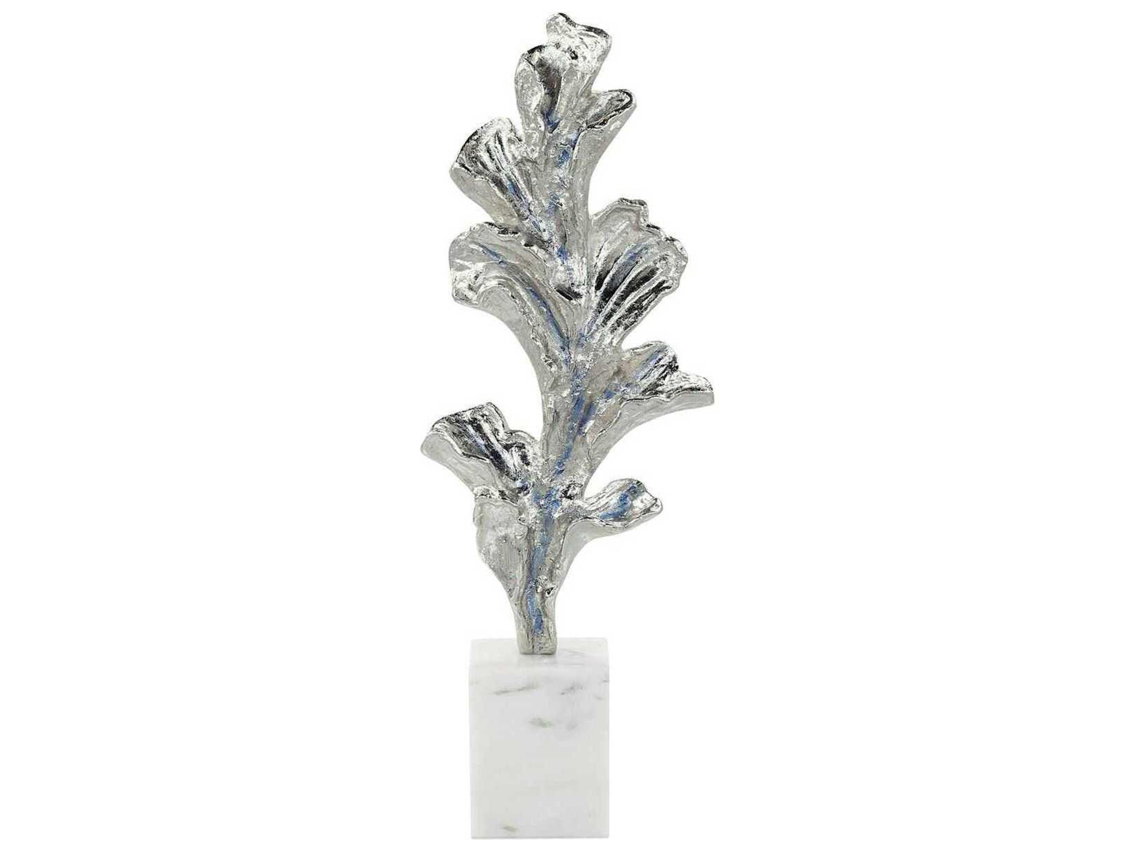 Silver Gleaming Leaf on Marble Base Sculpture
