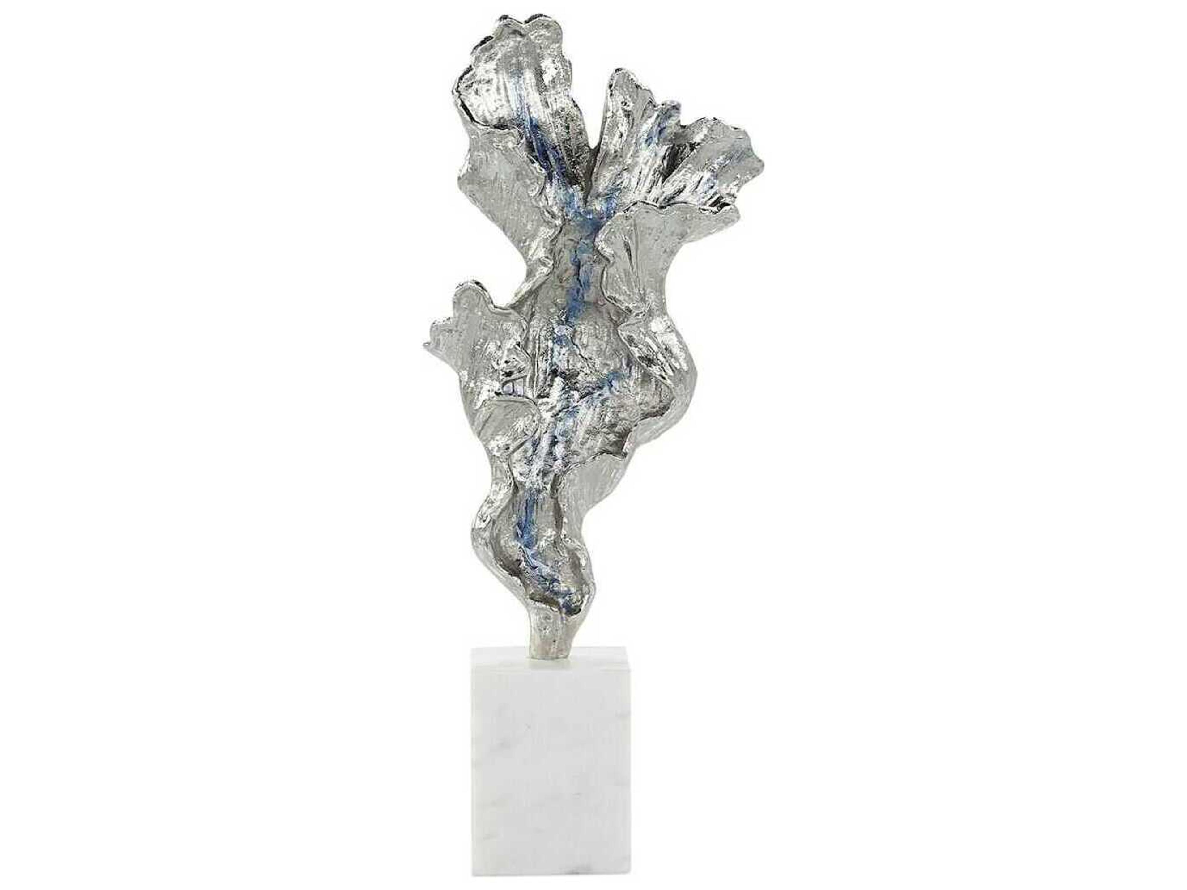 Silver Gleaming Leaf on Marble Base Sculpture