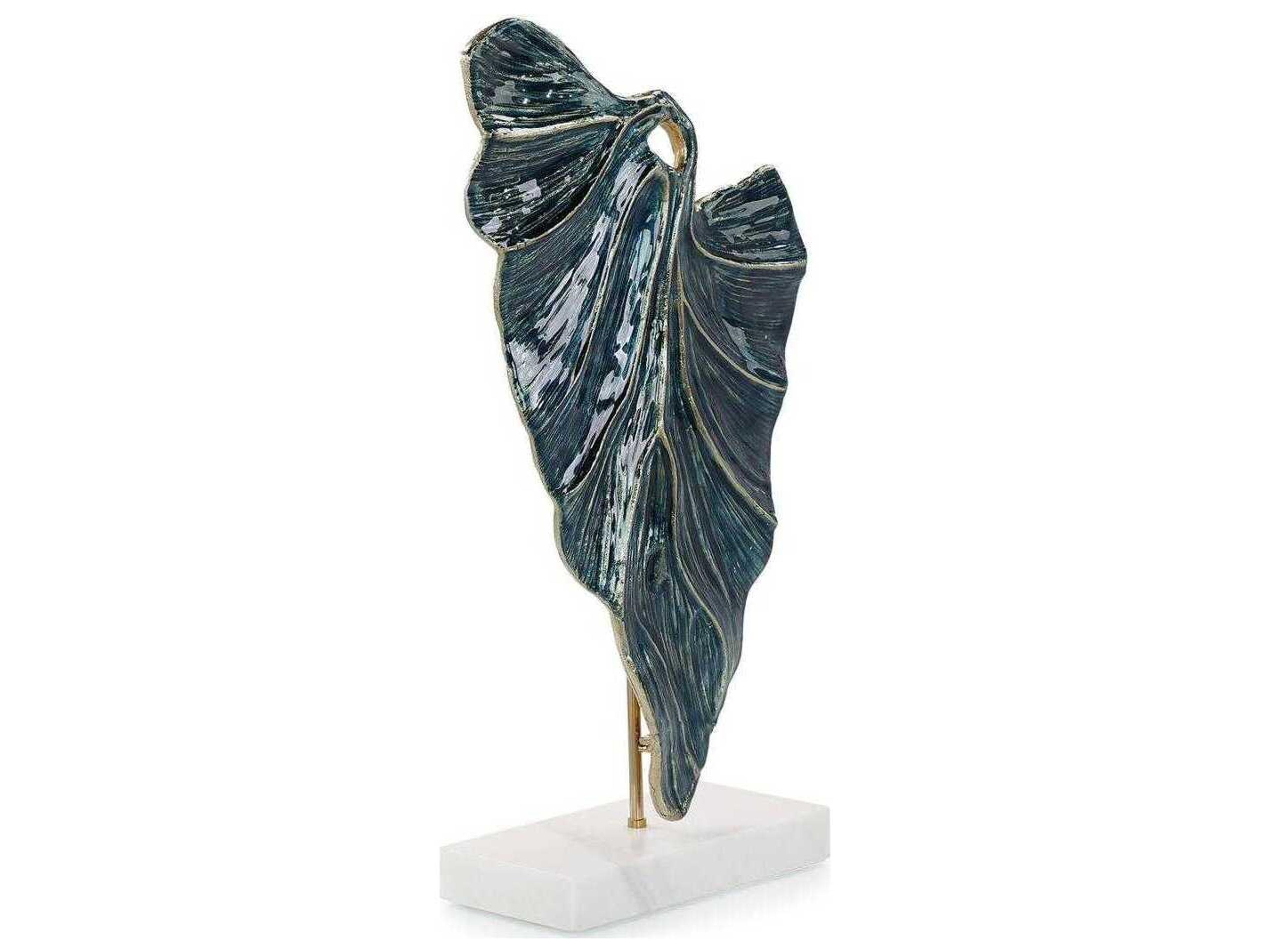 John Richard Standing Leaf on Marble Base Blue Sculpture