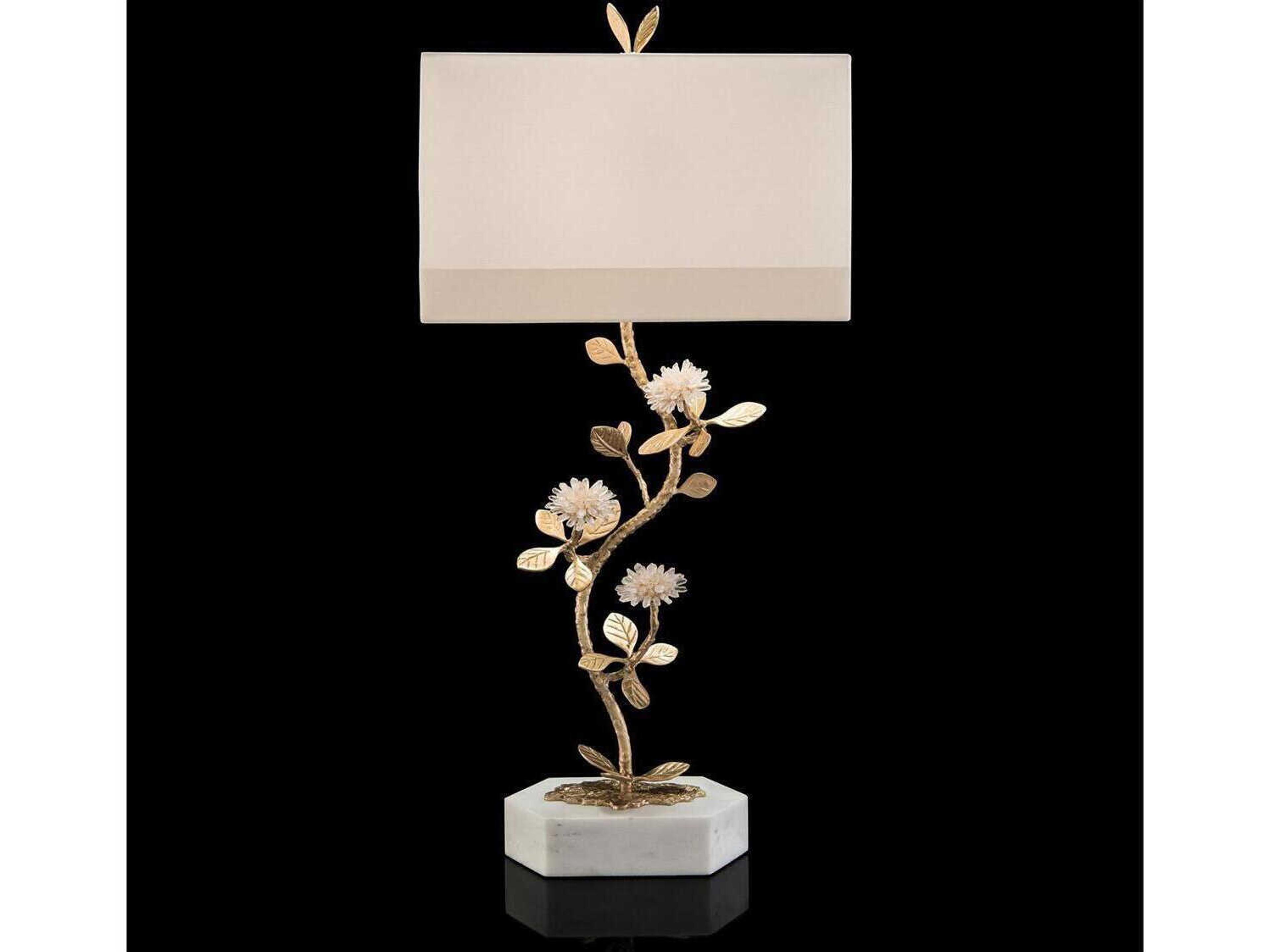 Quartz Flower 1-Light Table Lamp in Antique Brass with Off White Shade
