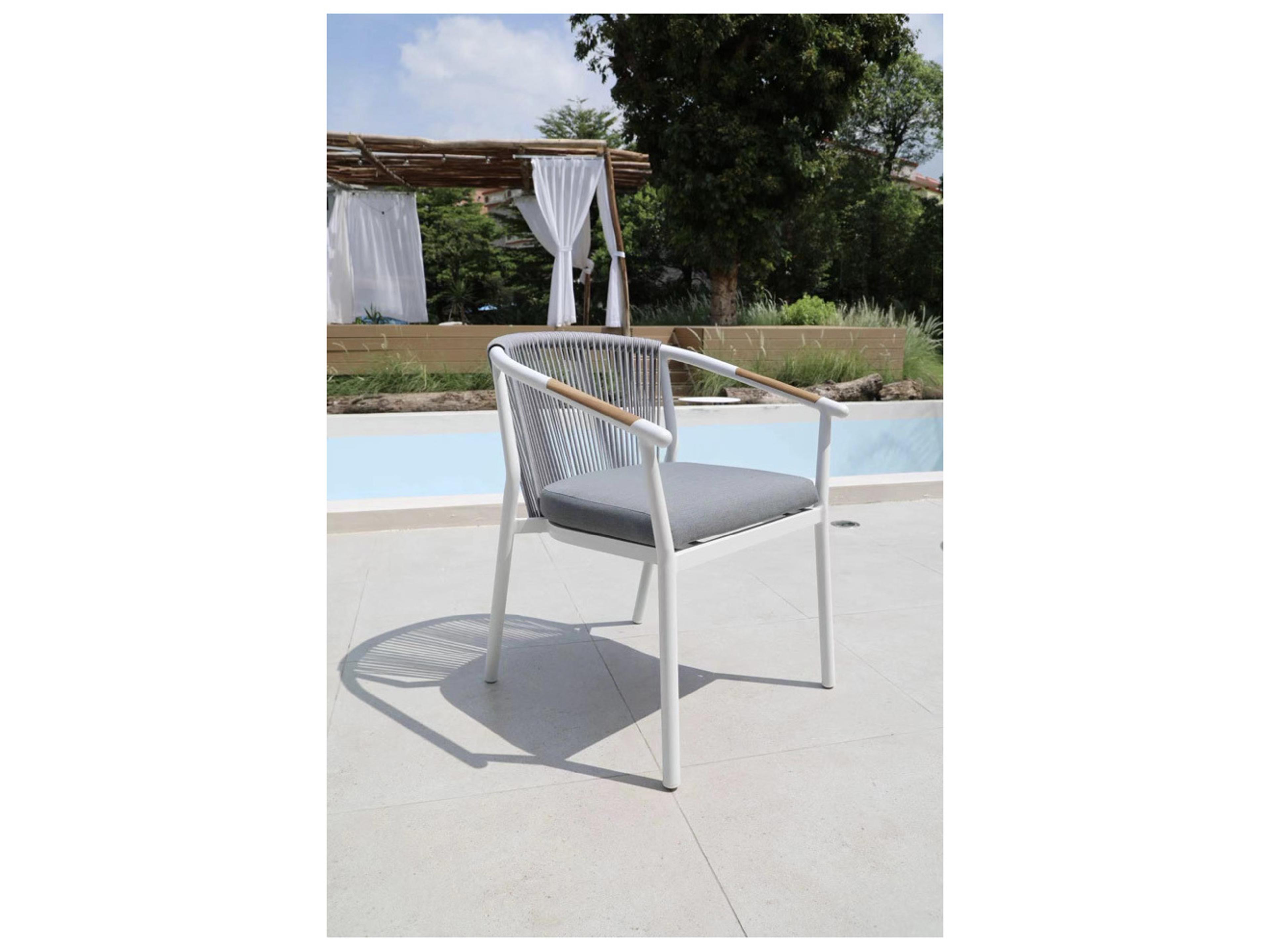 Schnupp Patio Curacao Cushion Aluminum White Dining Arm Chair with Teak Armrest